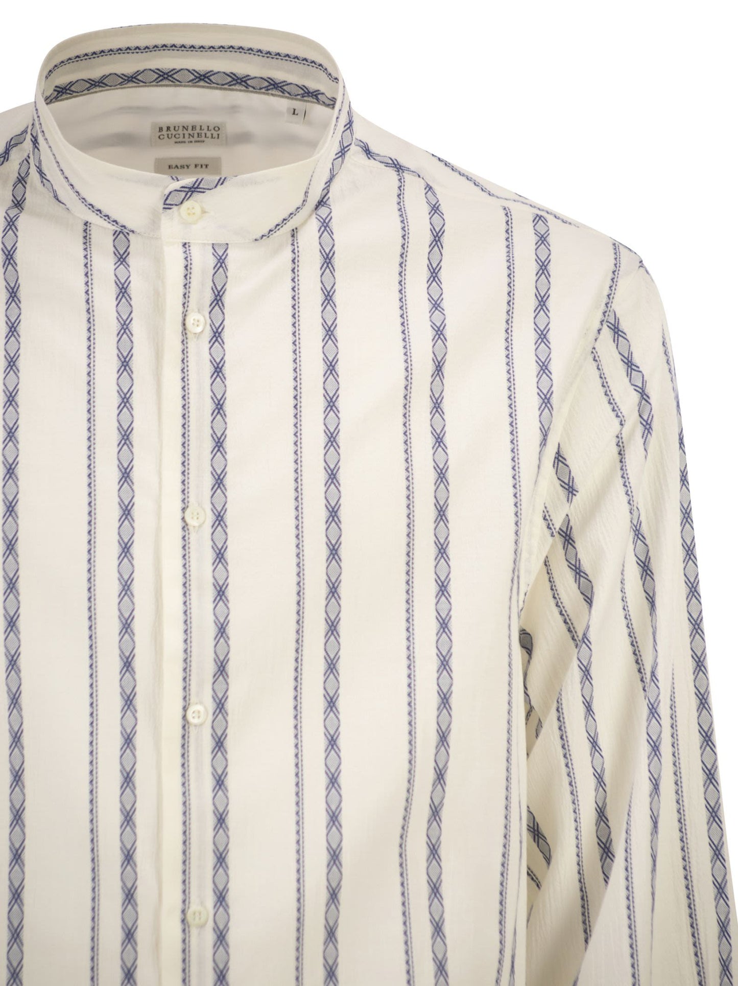 Brunello Cucinelli Men Easy Fit Shirt With Mandarin Collar And Geometric Embroidery BRUNELLO CUCINELLI