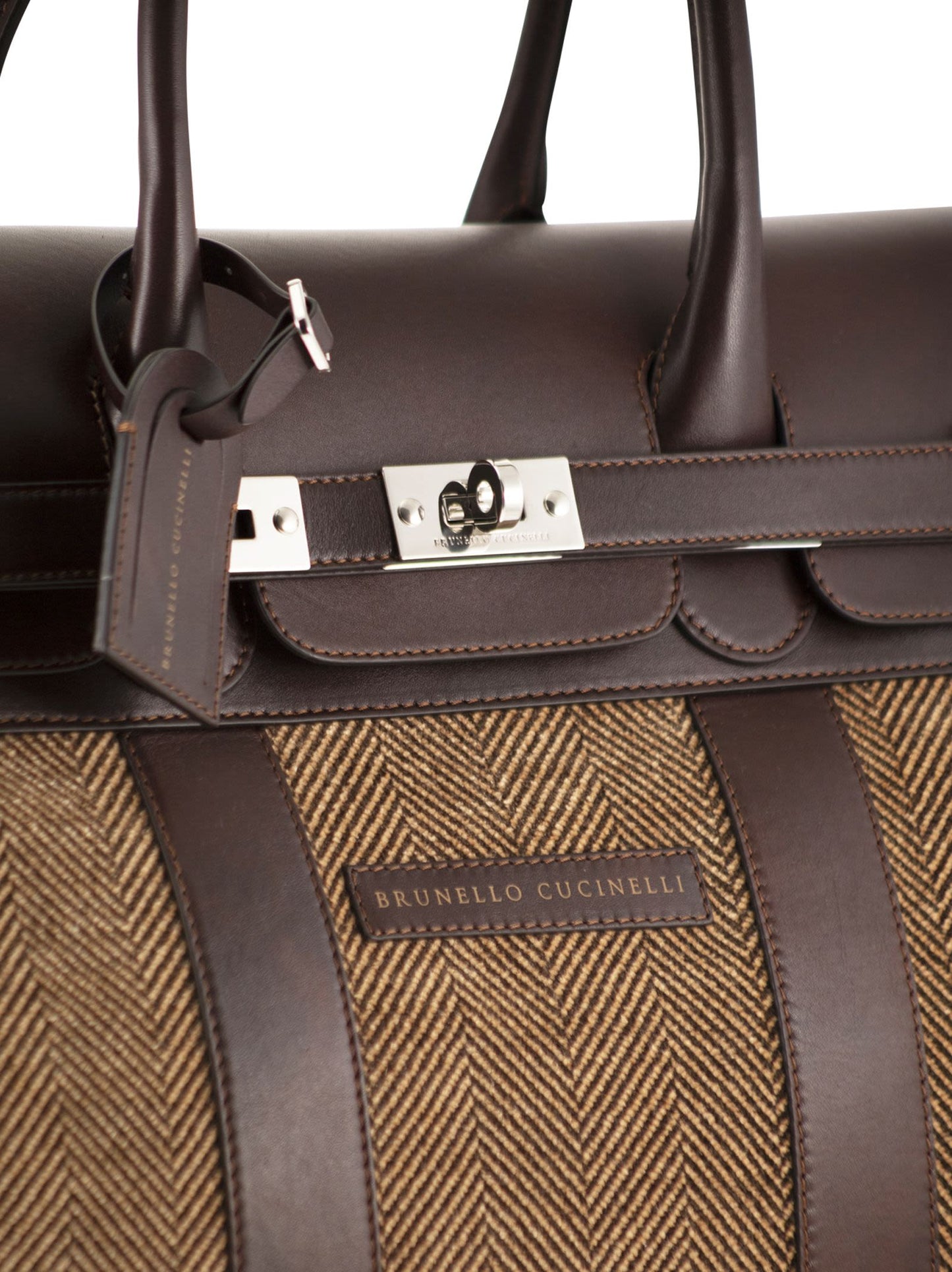 Brunello Cucinelli Men Herringbone Fabric And Leather Weekender Bag BRUNELLO CUCINELLI