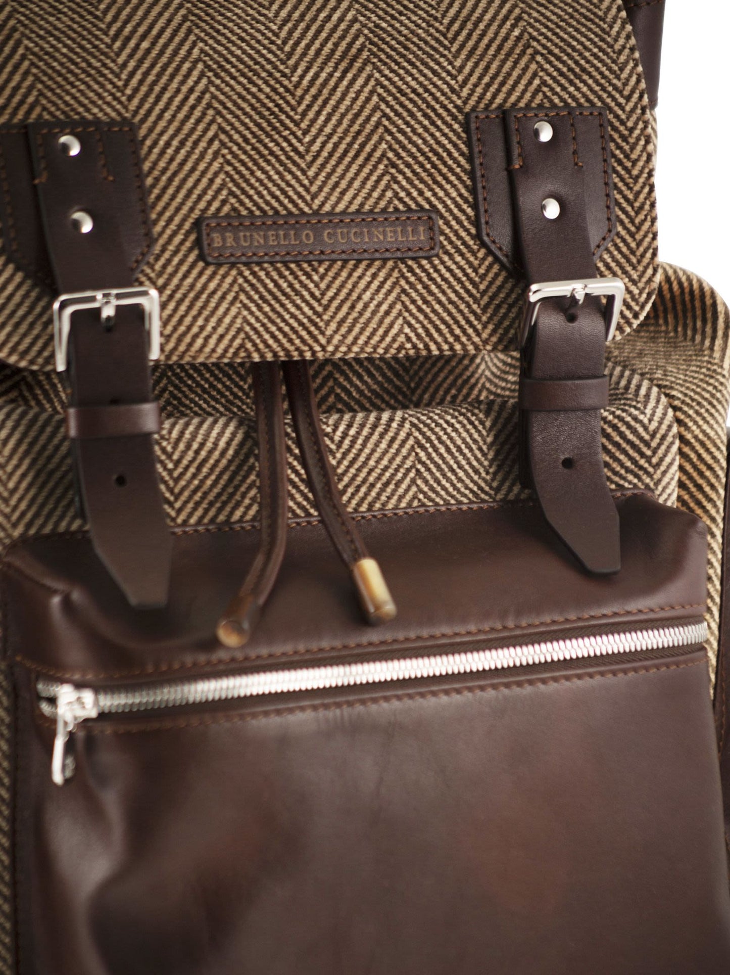 Brunello Cucinelli Men Herringbone-Texture Backpack With Leather Trims BRUNELLO CUCINELLI