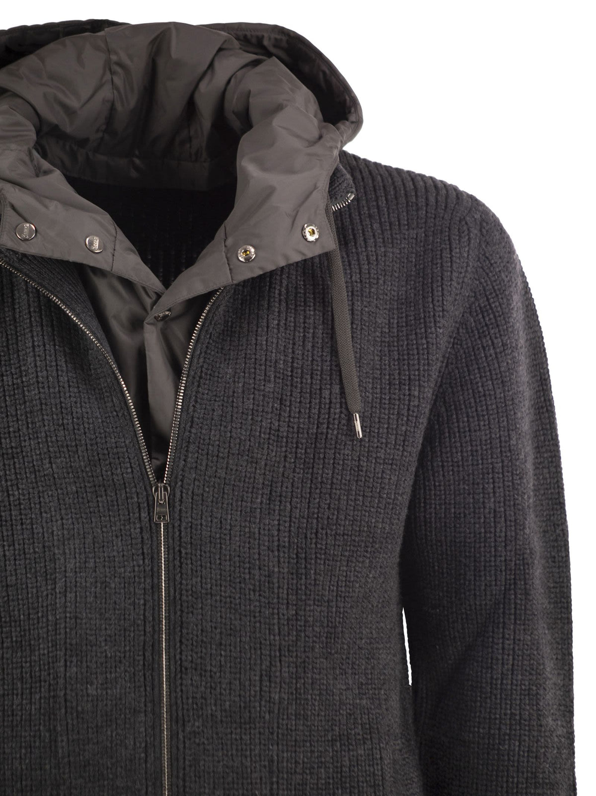 Herno Men Rib-Knit Cardigan With Removable Bib And Hood HERNO