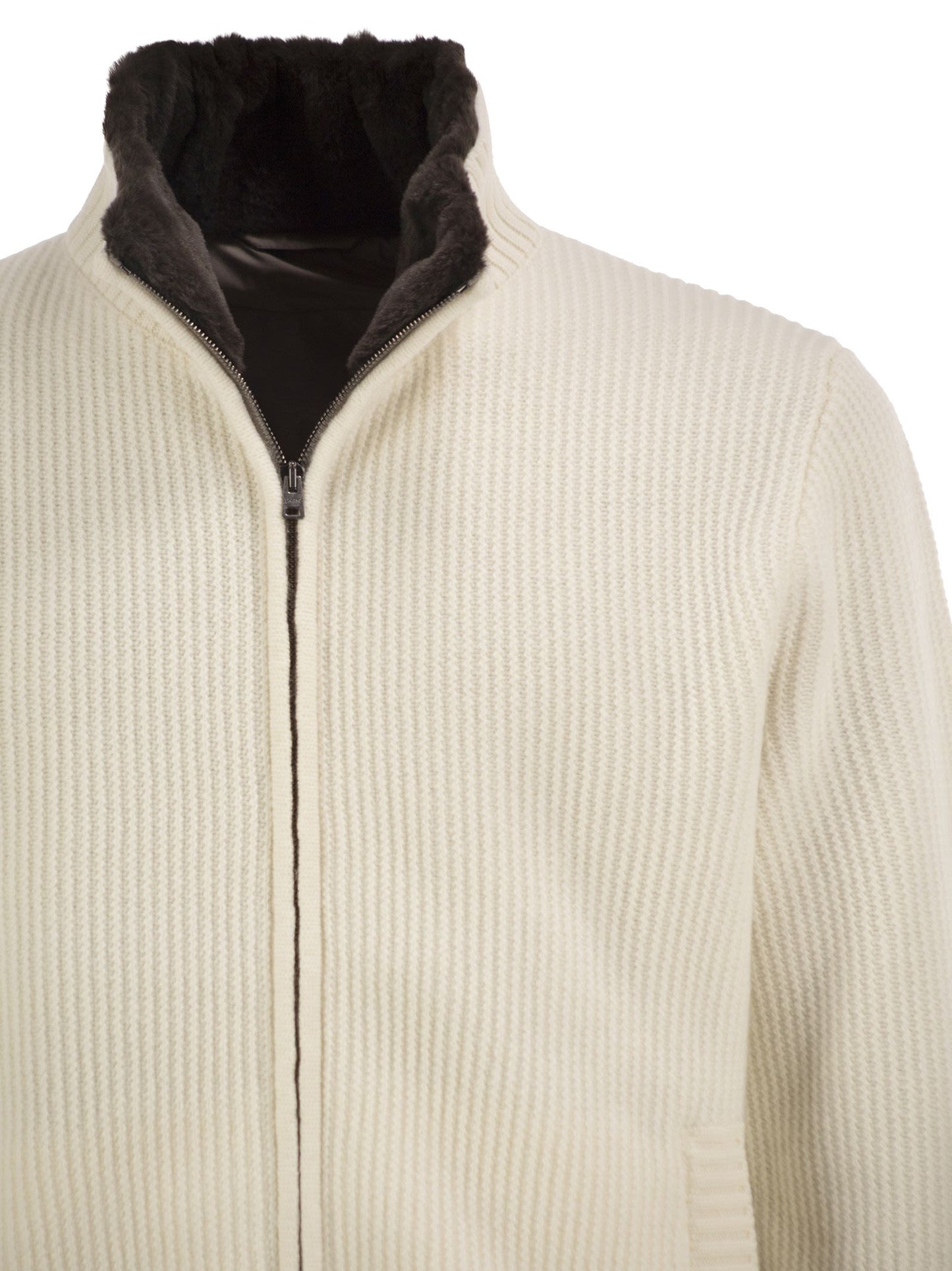 Herno Men Pure Wool Knit Jacket With High Collar And Faux Fur Lining HERNO