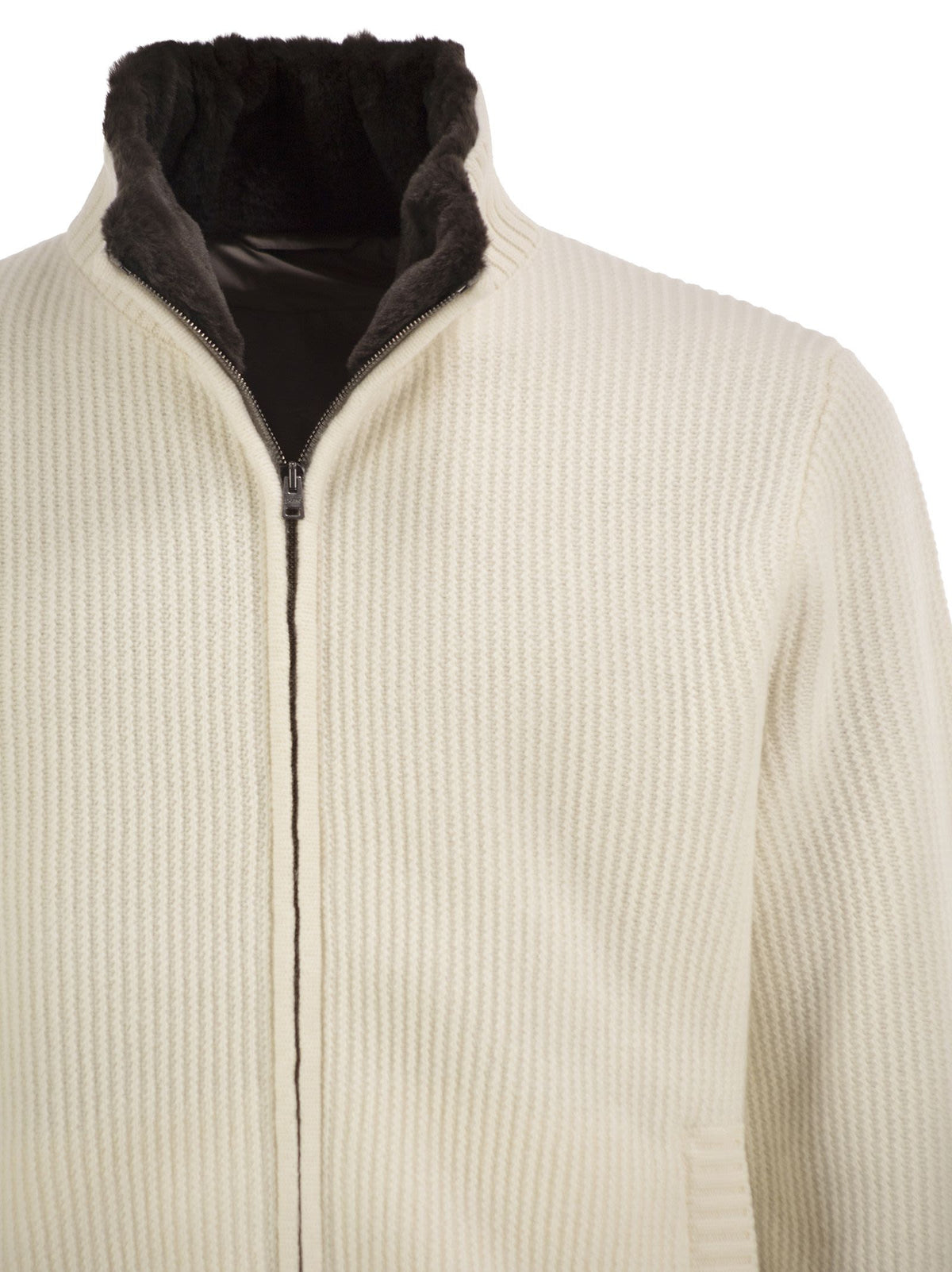 Herno Men Pure Wool Knit Jacket With High Collar And Faux Fur Lining HERNO