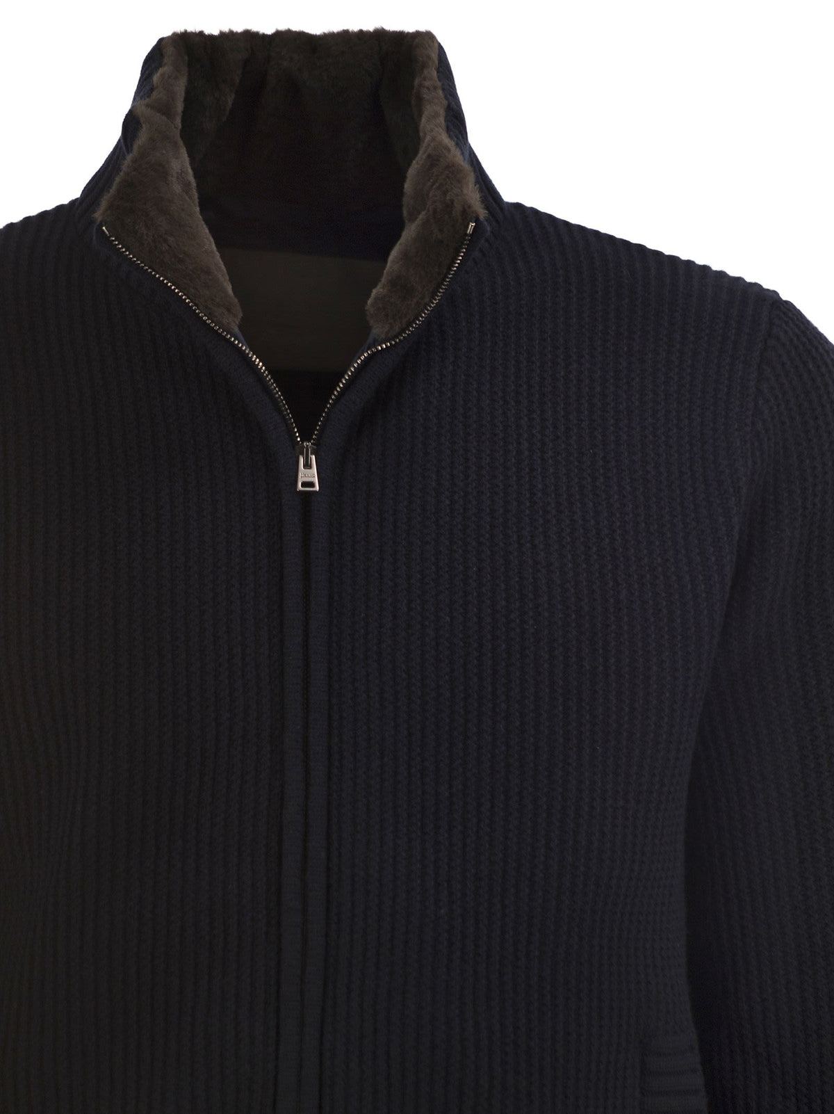 Herno Men Pure Wool Knit Jacket With High Collar And Faux Fur Lining HERNO