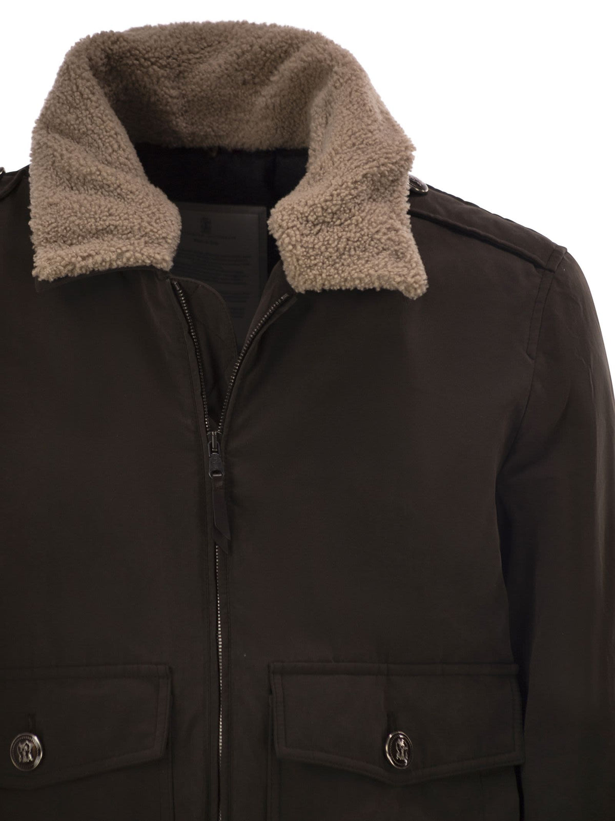 Brunello Cucinelli Men Padded Bomber Jacket With Shearling Collar And Tailored Details
