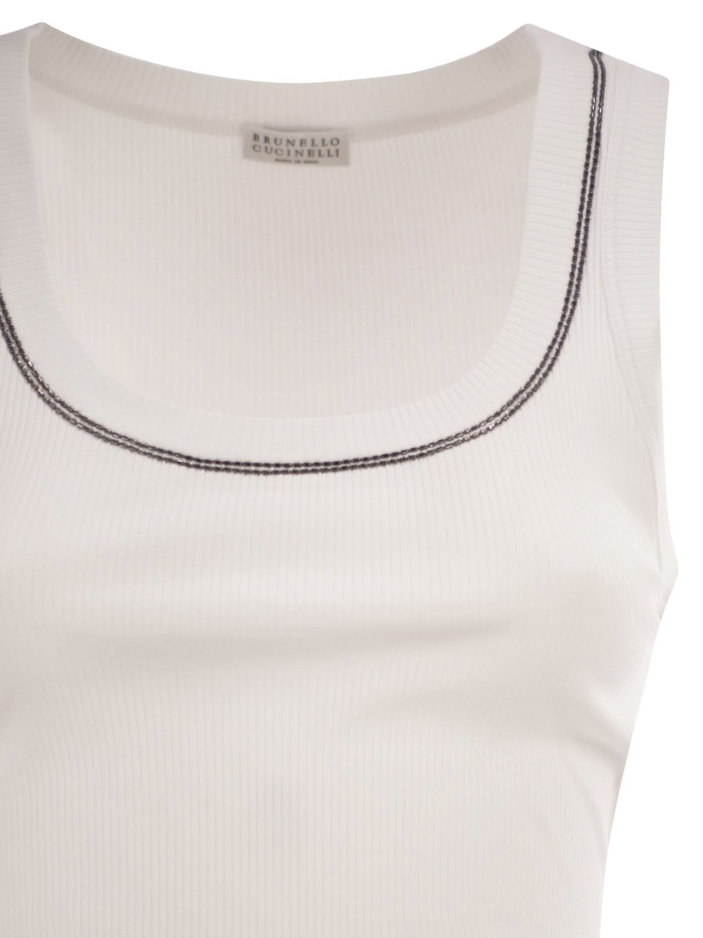 Brunello Cucinelli Women Sleeveless Ribbed Top In Stretch Cotton With Jewelled Trim BRUNELLO CUCINELLI