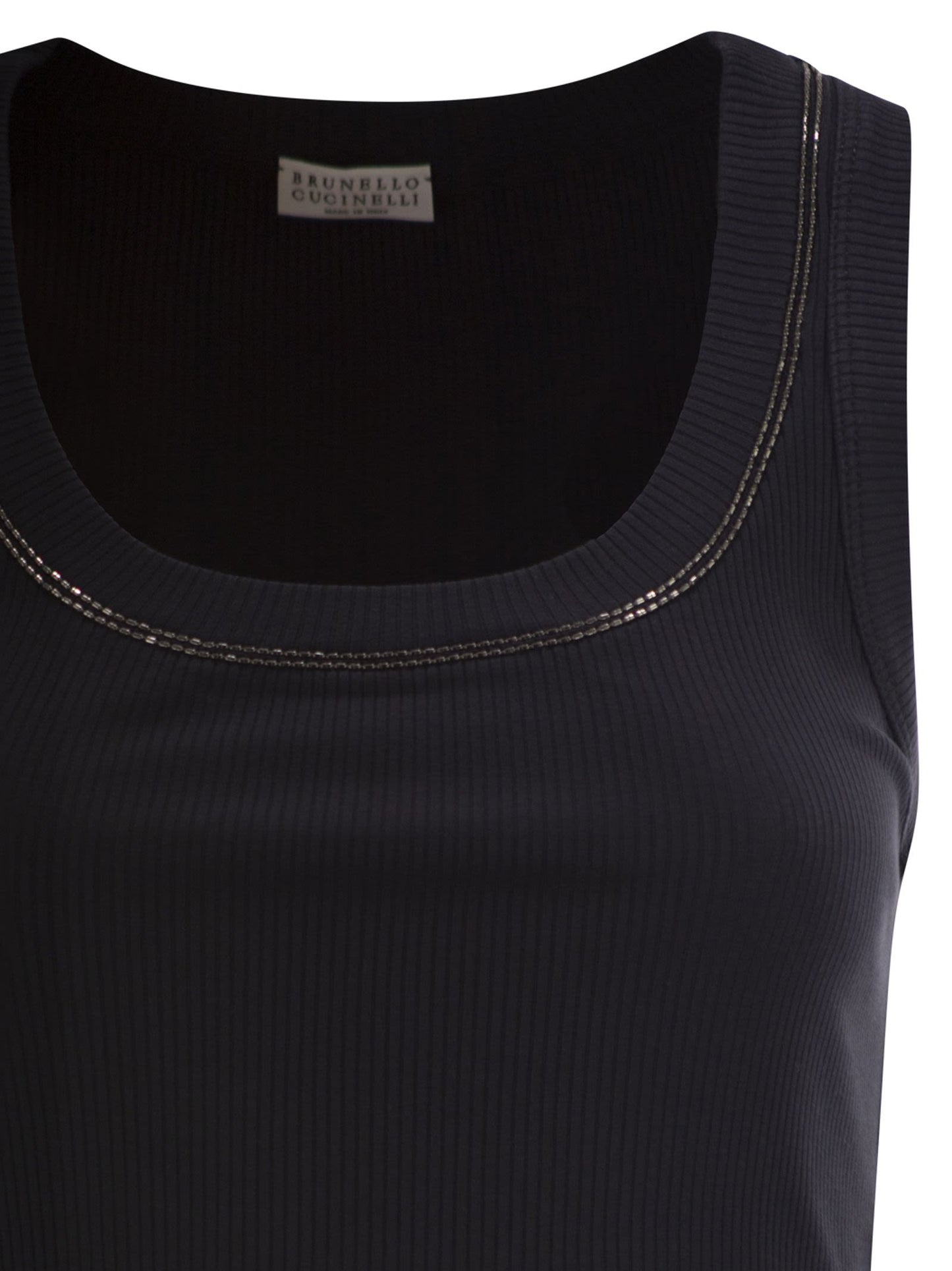 Brunello Cucinelli Women Sleeveless Ribbed Top In Stretch Cotton With Jewelled Trim BRUNELLO CUCINELLI