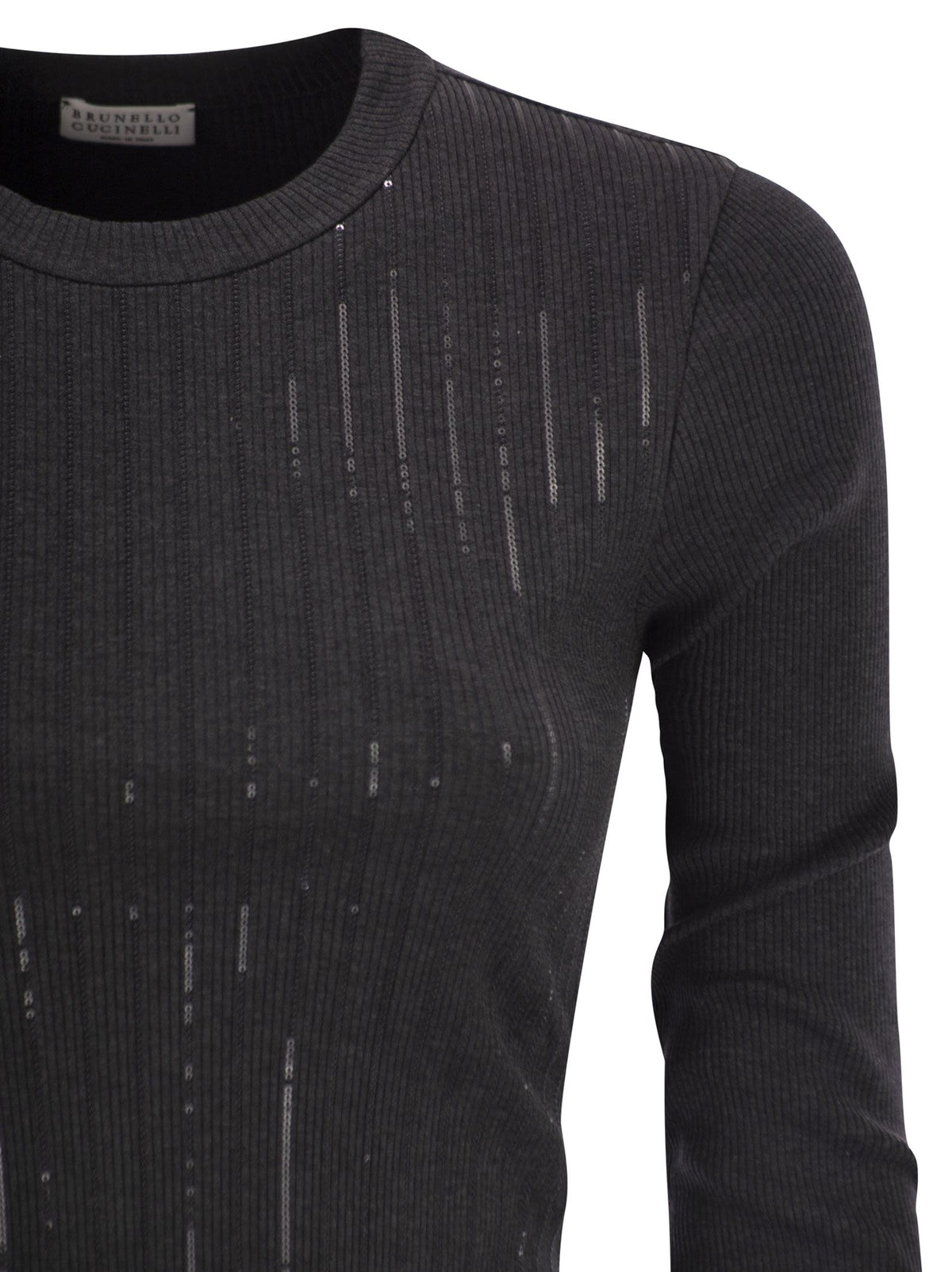 Brunello Cucinelli Women Cotton Jersey T-Shirt With Dazzling Chalk Stripe Embroidery BRUNELLO CUCINELLI