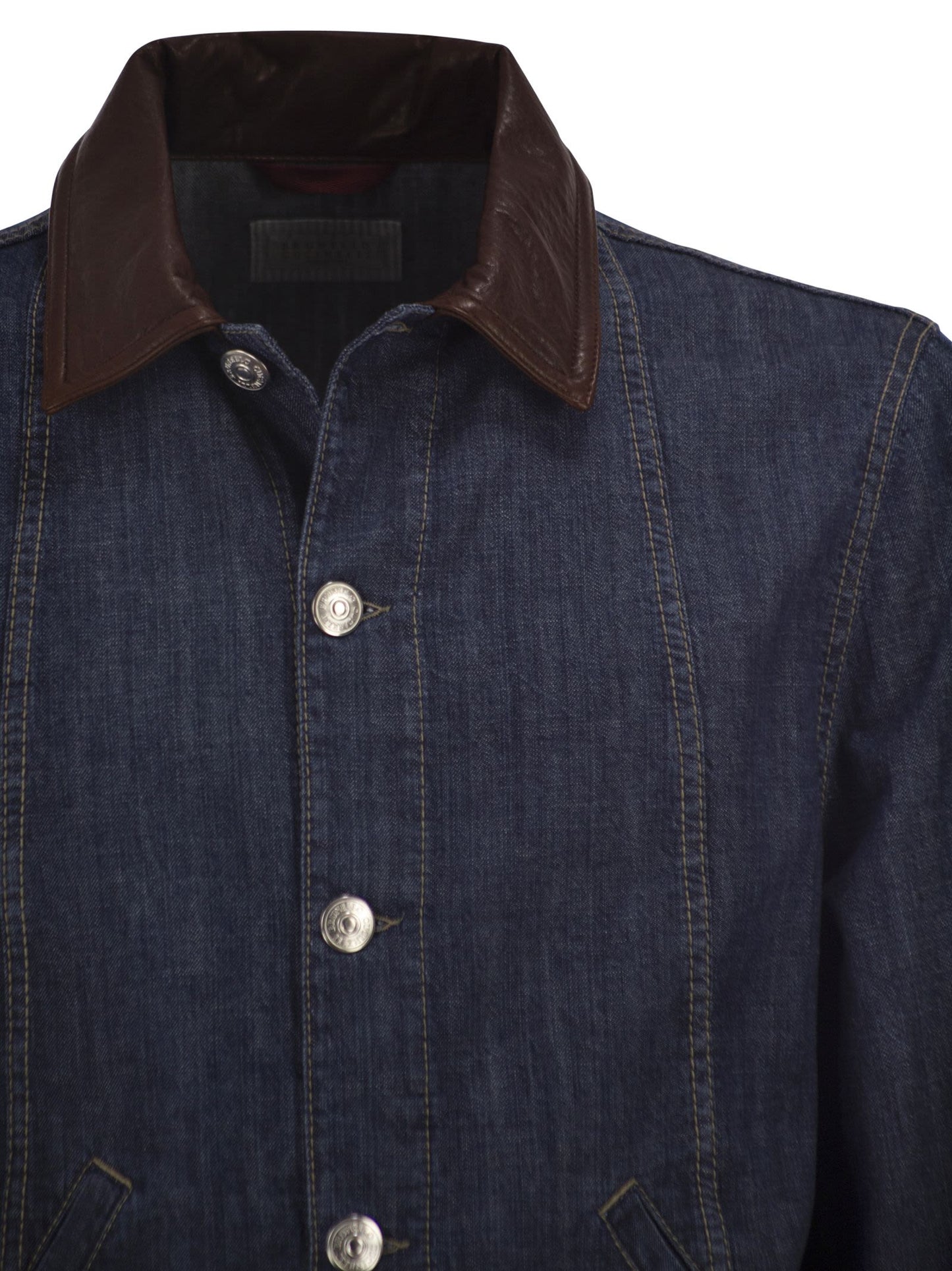 Brunello Cucinelli Men Lightweight Denim Jacket With Leather Collar BRUNELLO CUCINELLI