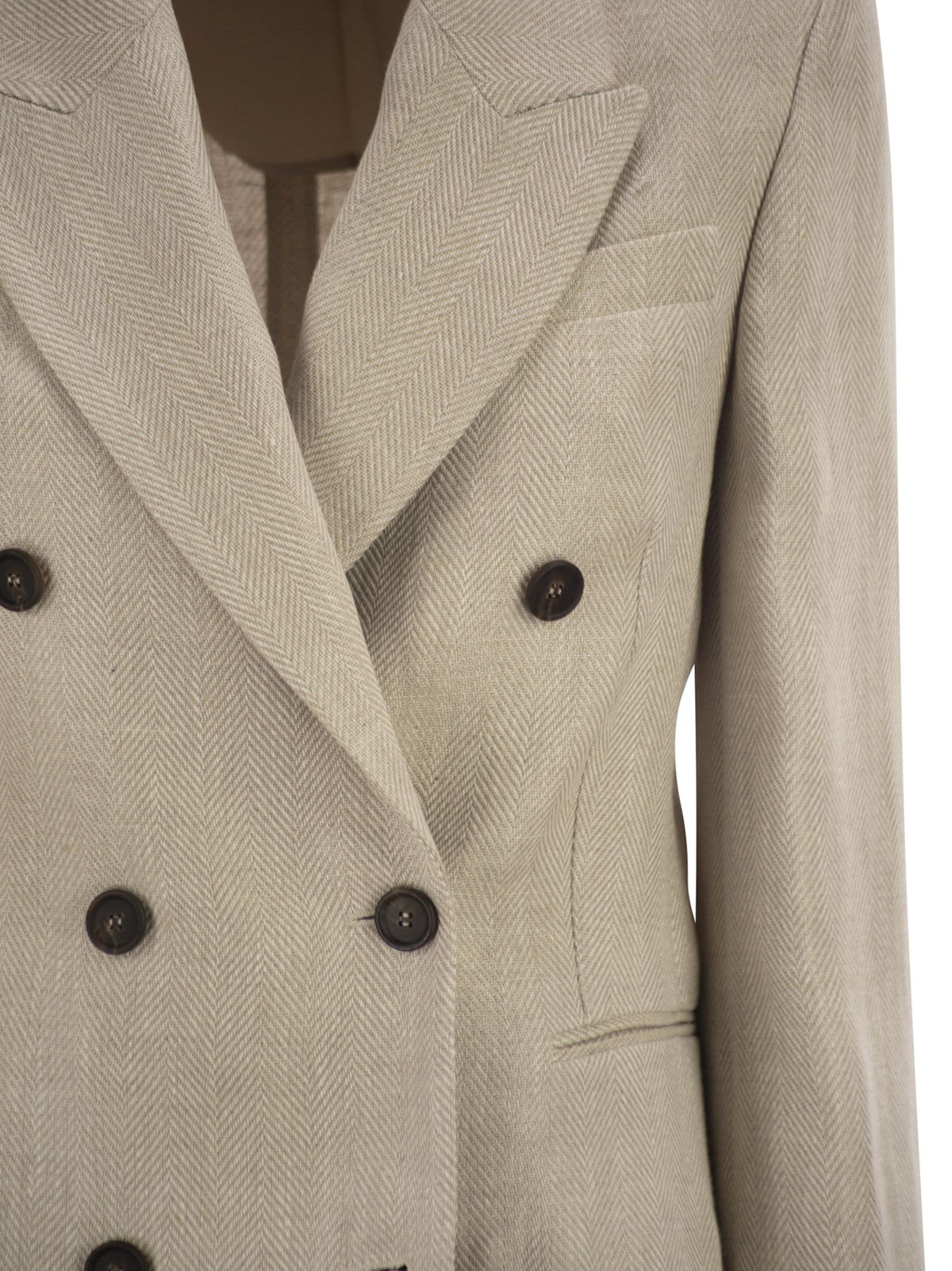 Brunello Cucinelli Women Double-Breasted Jacket In Linen And Cotton With Chevron Pattern