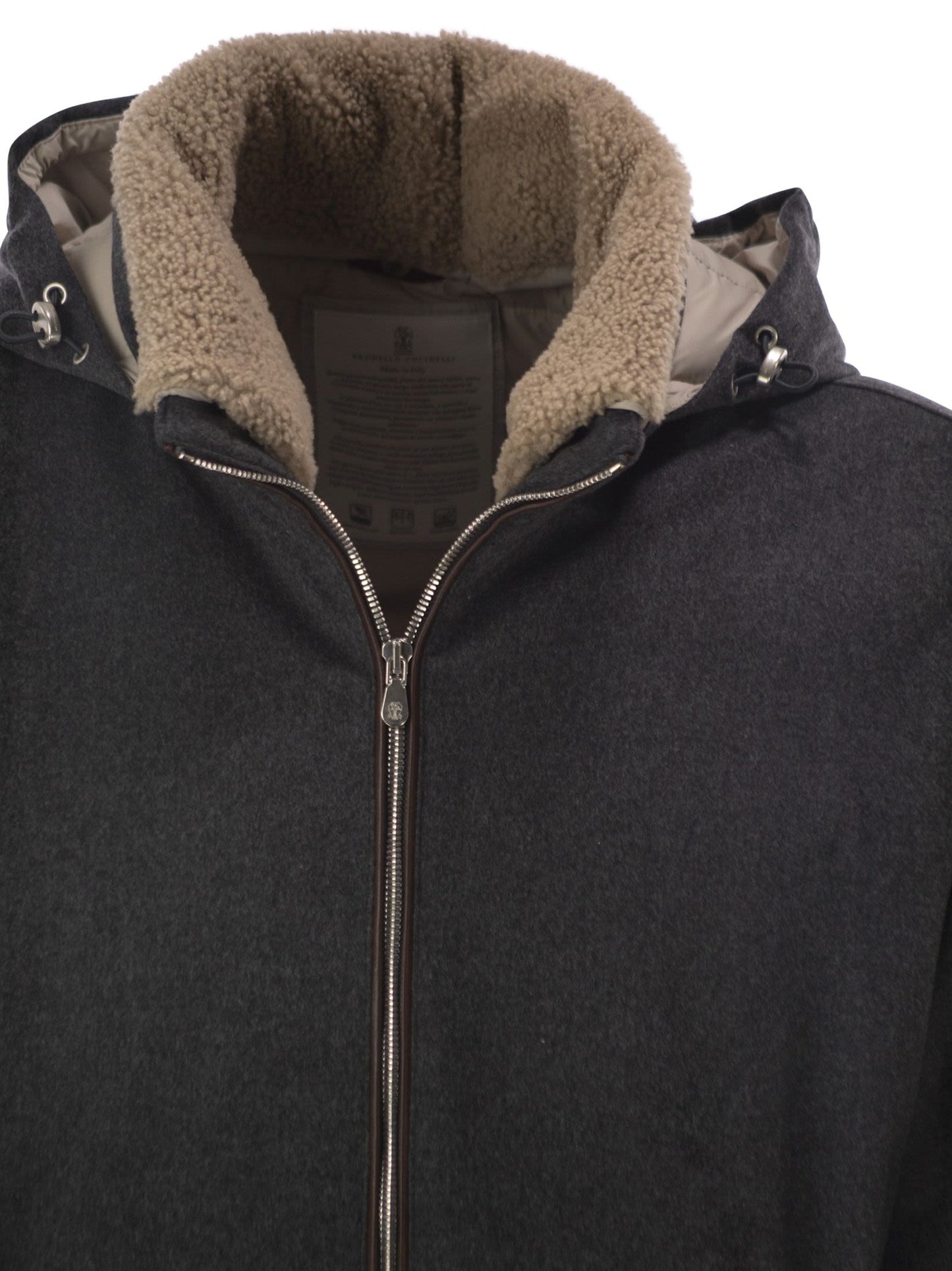 Brunello Cucinelli Men Membranated Wool Flannel Down Jacket With Shearling-Lined Collar BRUNELLO CUCINELLI