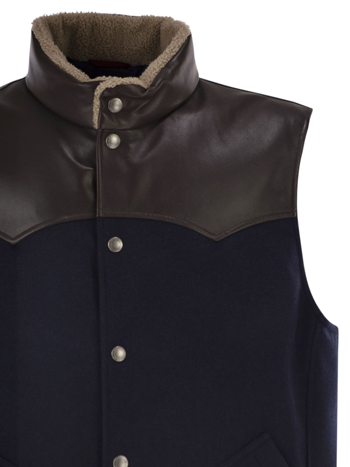 Brunello Cucinelli Men Wool Padded Gilet With Leather Trims And Shearling Collar BRUNELLO CUCINELLI