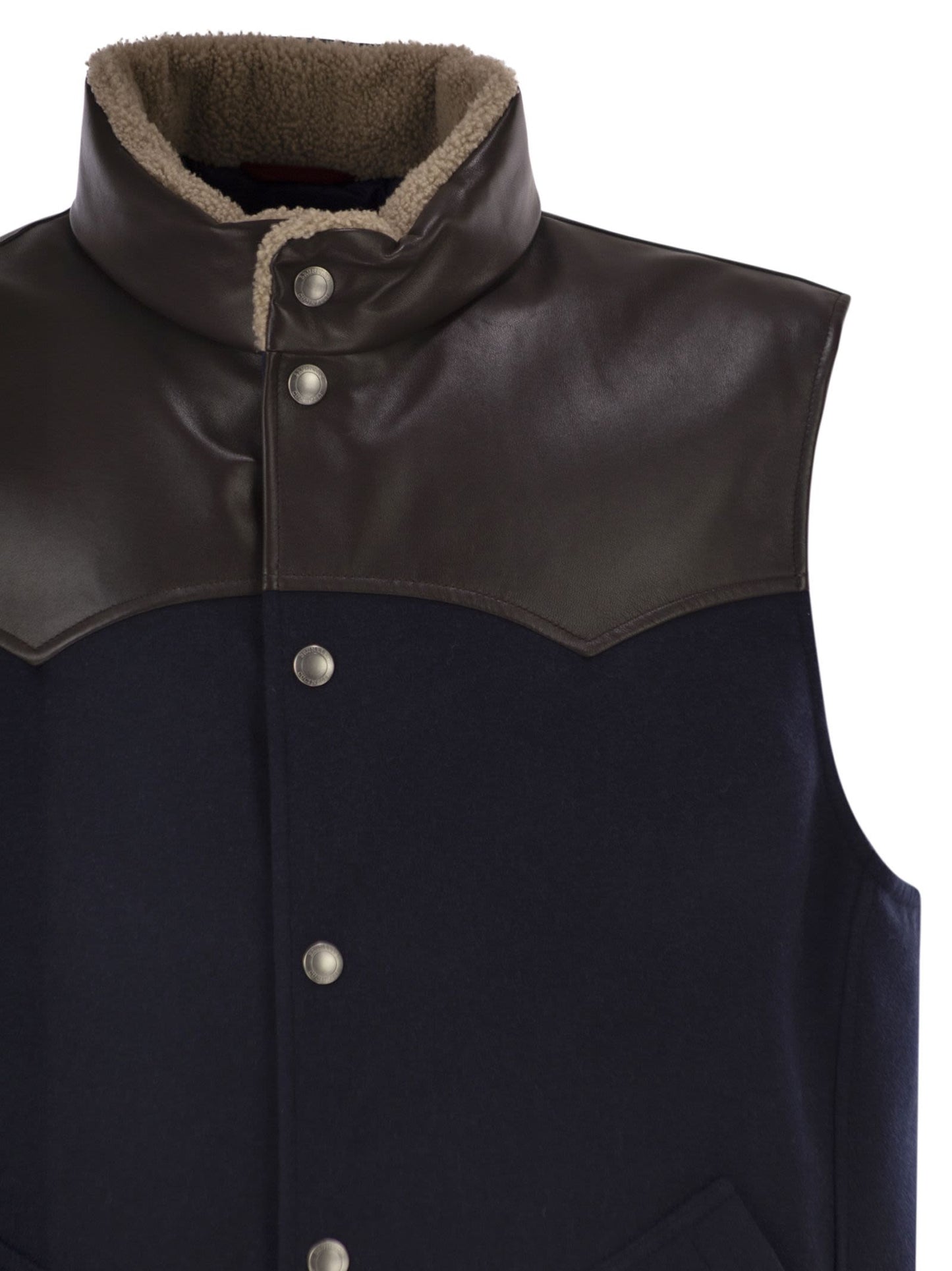 Brunello Cucinelli Men Wool Padded Gilet With Leather Trims And Shearling Collar BRUNELLO CUCINELLI
