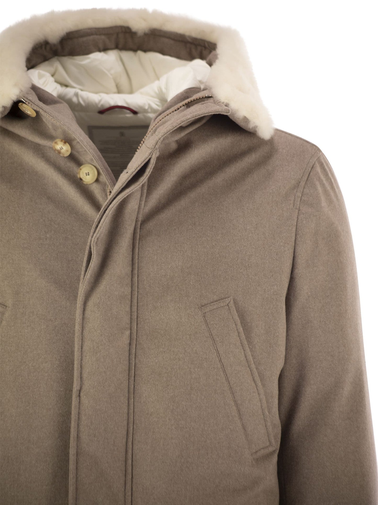 Brunello Cucinelli Men Wool Coat With Fur Collar