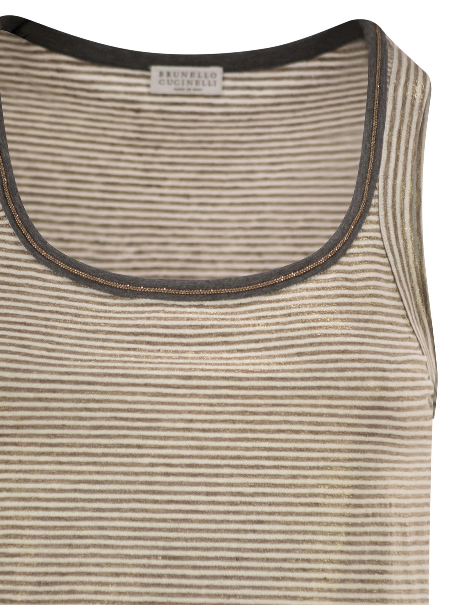Brunello Cucinelli Women Linen Striped Crew Neck Top With Contrasting Trim And Necklace BRUNELLO CUCINELLI