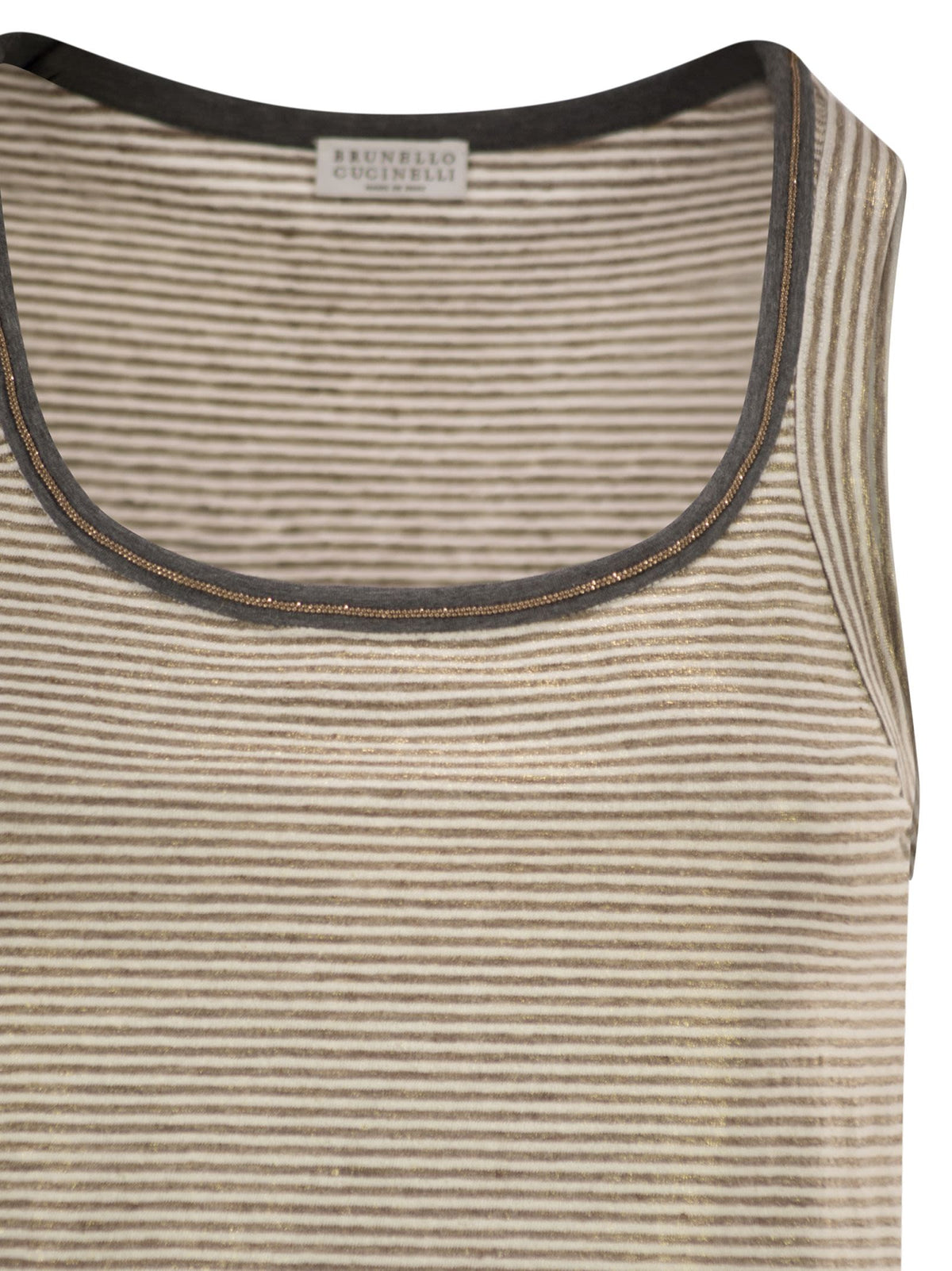 Brunello Cucinelli Women Linen Striped Crew Neck Top With Contrasting Trim And Necklace BRUNELLO CUCINELLI