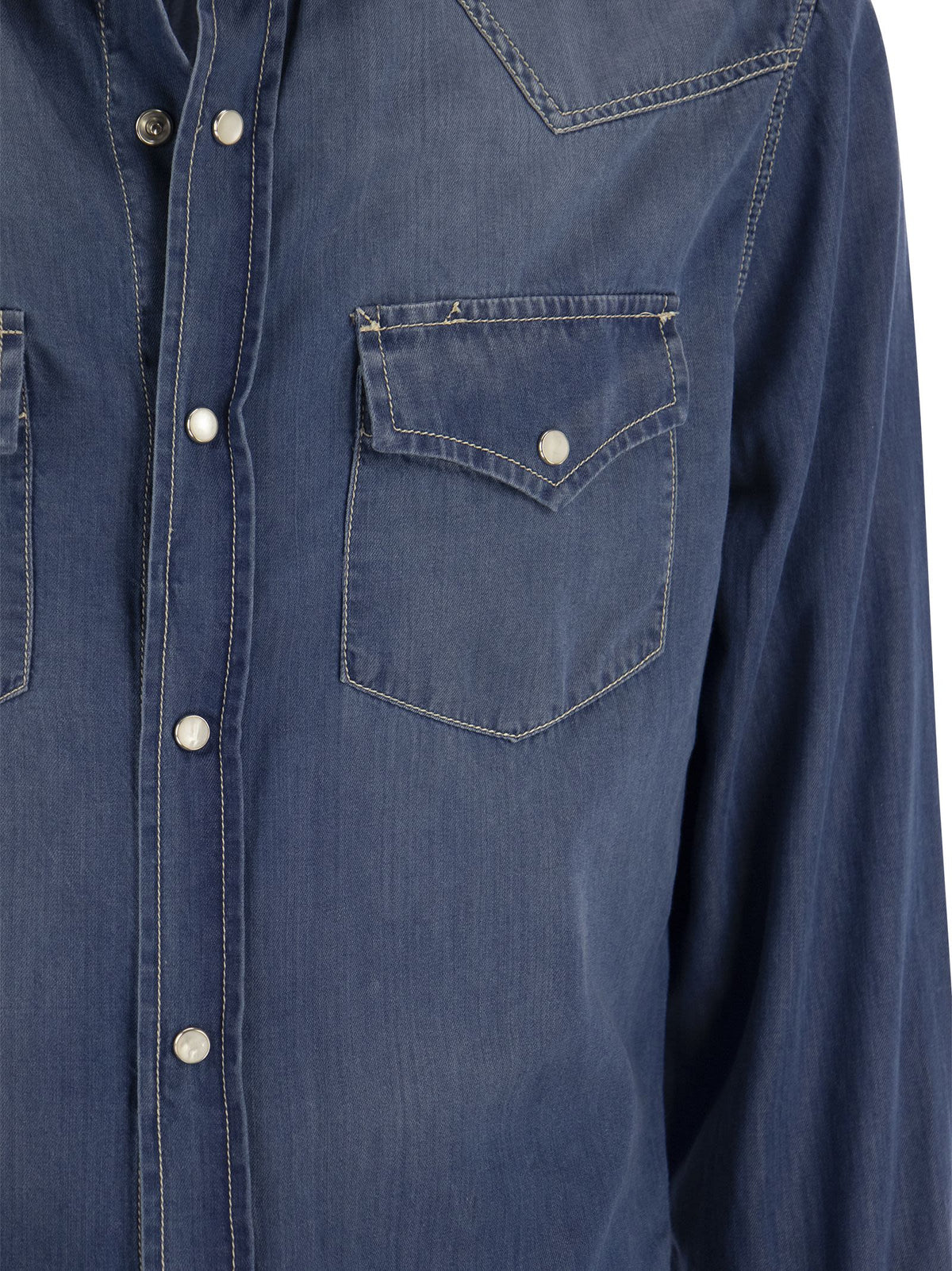 Brunello Cucinelli Men Easy Fit Shirt In Light Denim With Press Studs BRUNELLO CUCINELLI