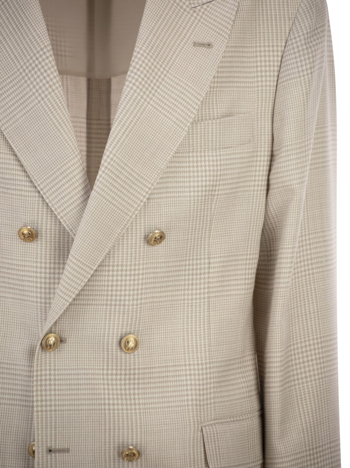 Brunello Cucinelli Men Deconstructed One-And-A-Half-Breasted Jacket In Virgin Wool, Silk And Linen Prince Of Wales Check With Metal Buttons BRUNELLO CUCINELLI