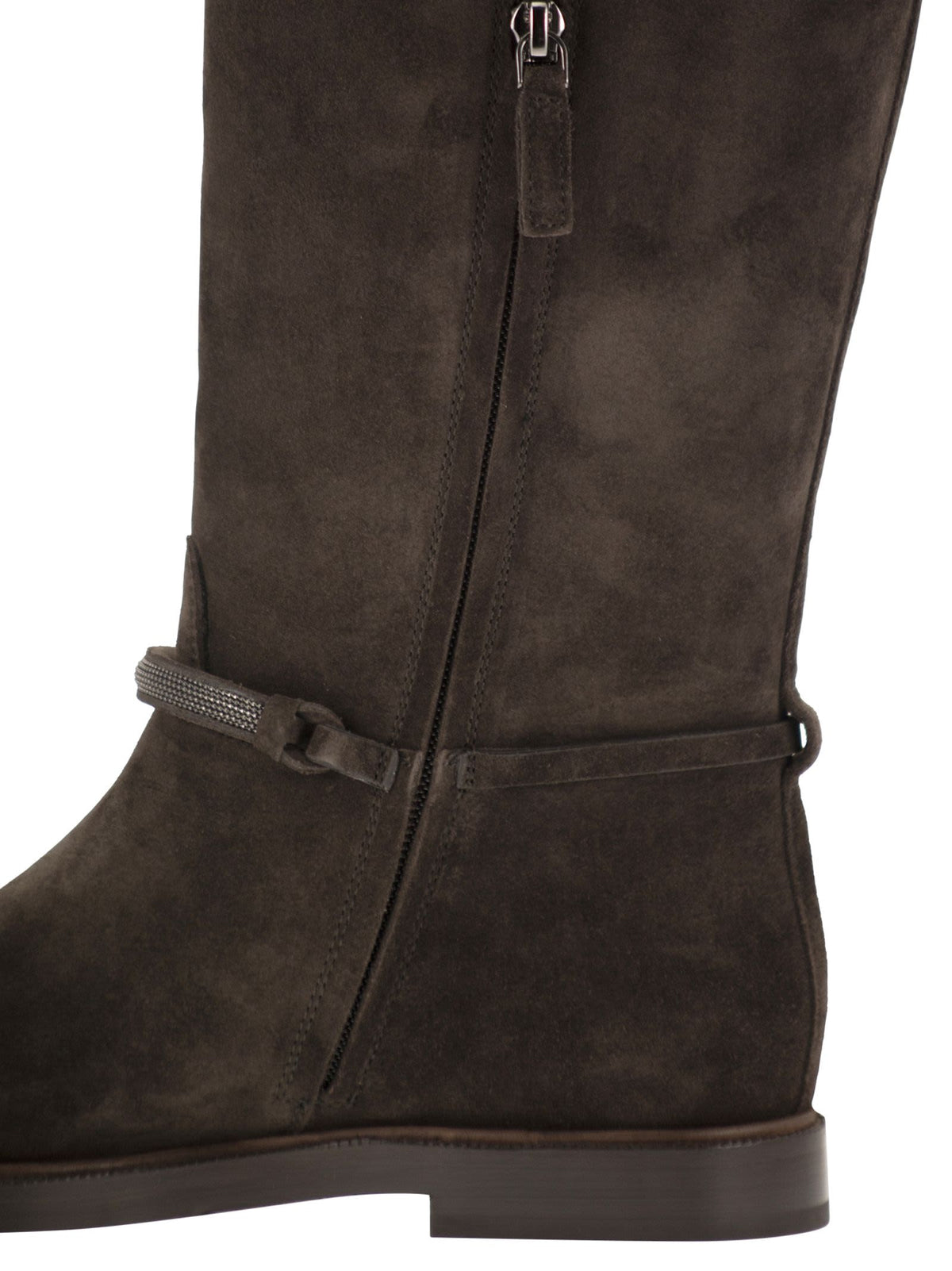Brunello Cucinelli Women Suede Leather Knee-High Boots With Monili Detail BRUNELLO CUCINELLI