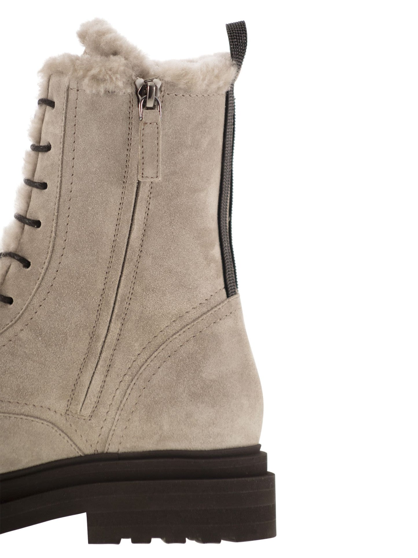 Brunello Cucinelli Women Suede Boot With Shearling Lining And Shiny Loop Detail BRUNELLO CUCINELLI