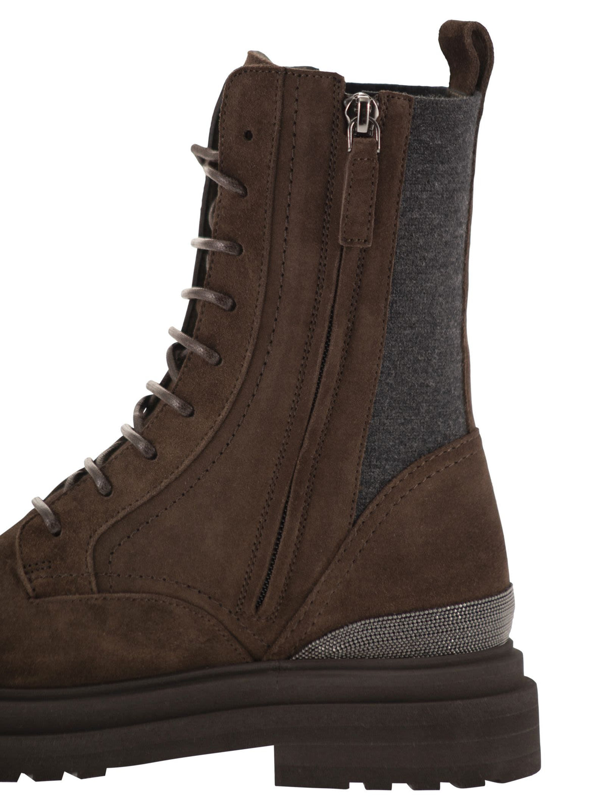 Brunello Cucinelli Women Suede Combat Boots With Cashmere Panels And Monili Trim BRUNELLO CUCINELLI