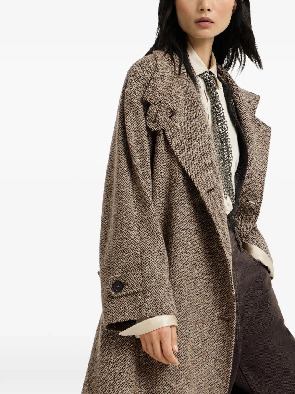 Brunello Cucinelli Women Sparkling Chevron Coat Whit Belt BRUNELLO CUCINELLI