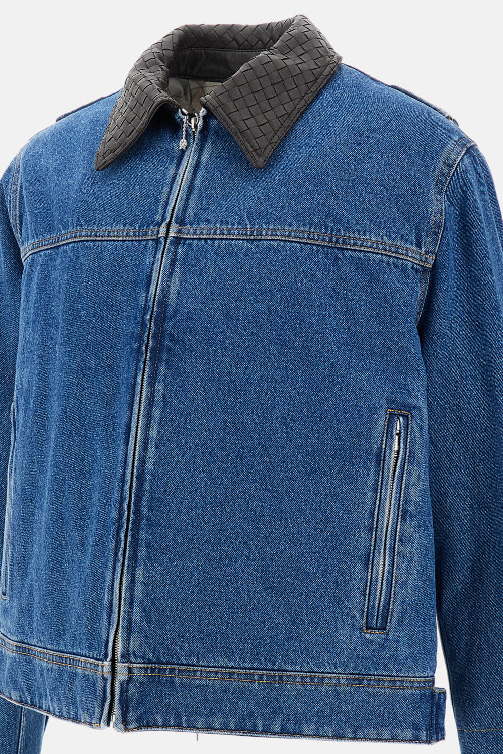 Bottega Veneta Men Padded Denim Jacket With Intrecciato Collar BOTTEGA VENETA
