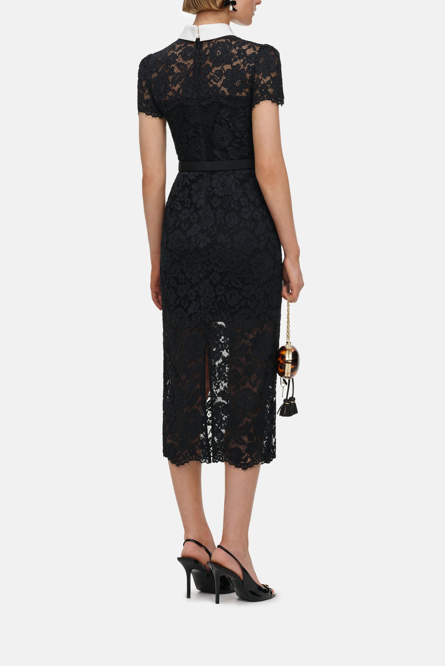 Self-Portrait Women Black Lace Contrast Collar Midi Dress SELF-PORTRAIT