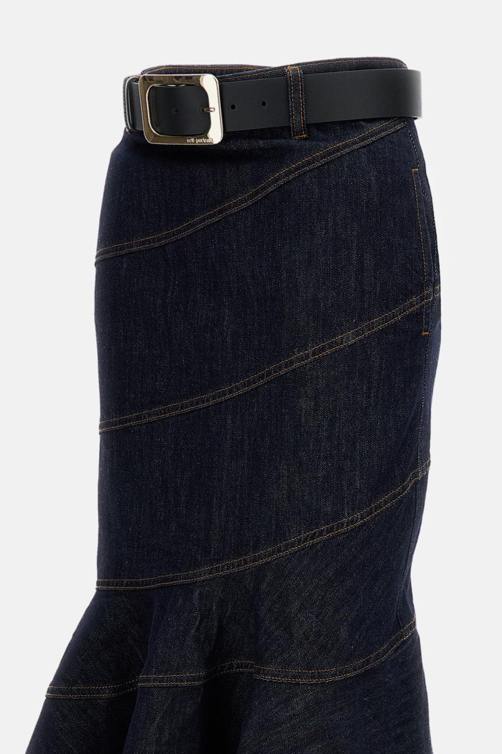 Self-Portrait Women Indigo Denim Belted Midi Skirt SELF-PORTRAIT