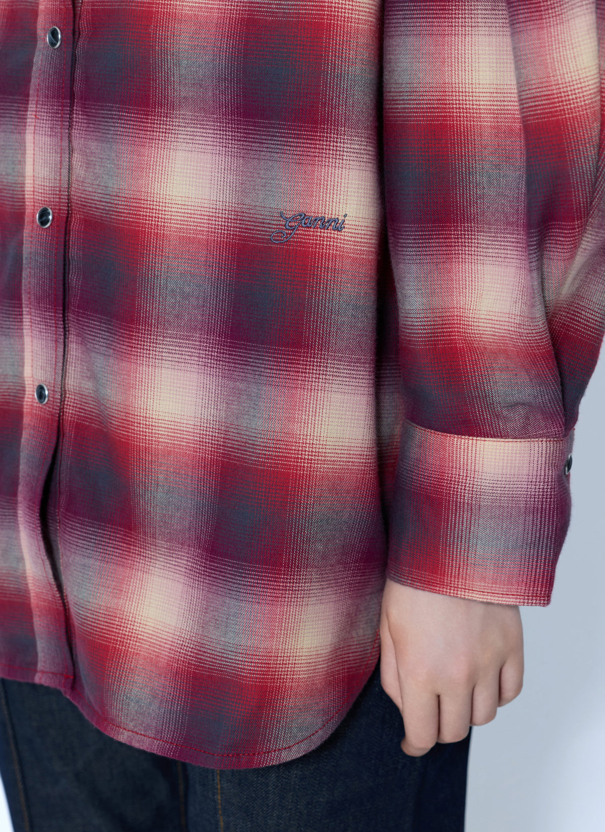 Ganni Women Cotton Flannel Check Pleated Sleeve Shirt GANNI
