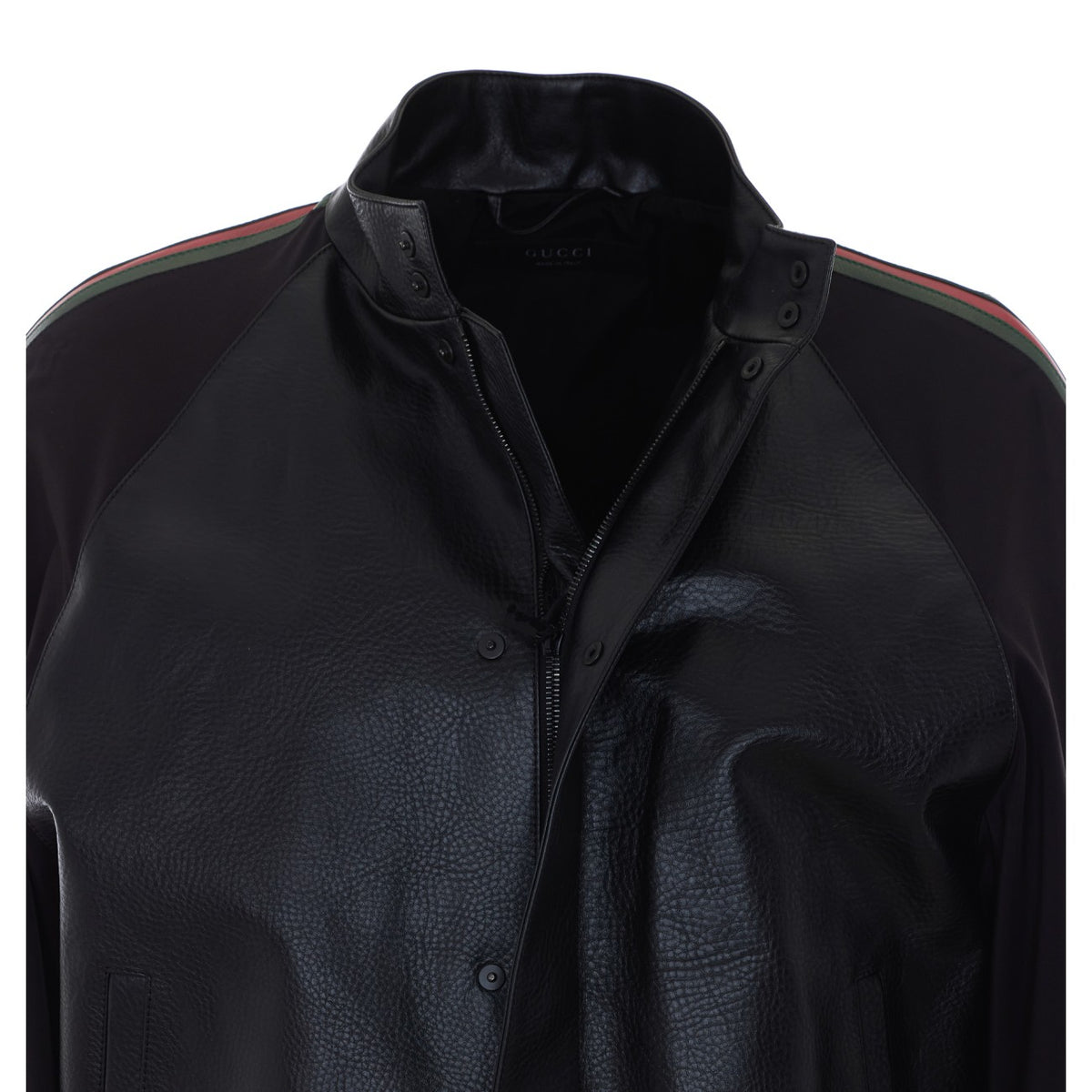 Gucci Men Grany Leather With Web Bomber Jacket GUCCI