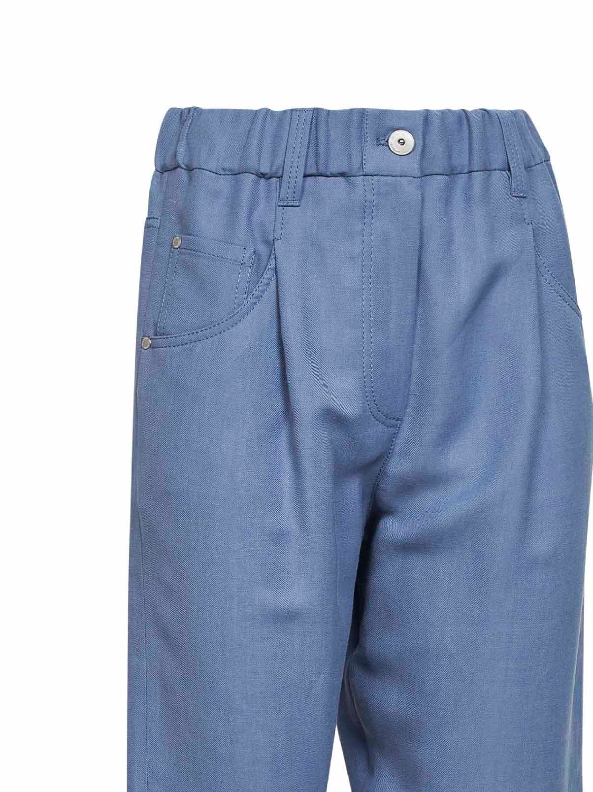 Brunello Cucinelli Women Light Blue Fluid Twill Baggy Trousers With Monili BRUNELLO CUCINELLI