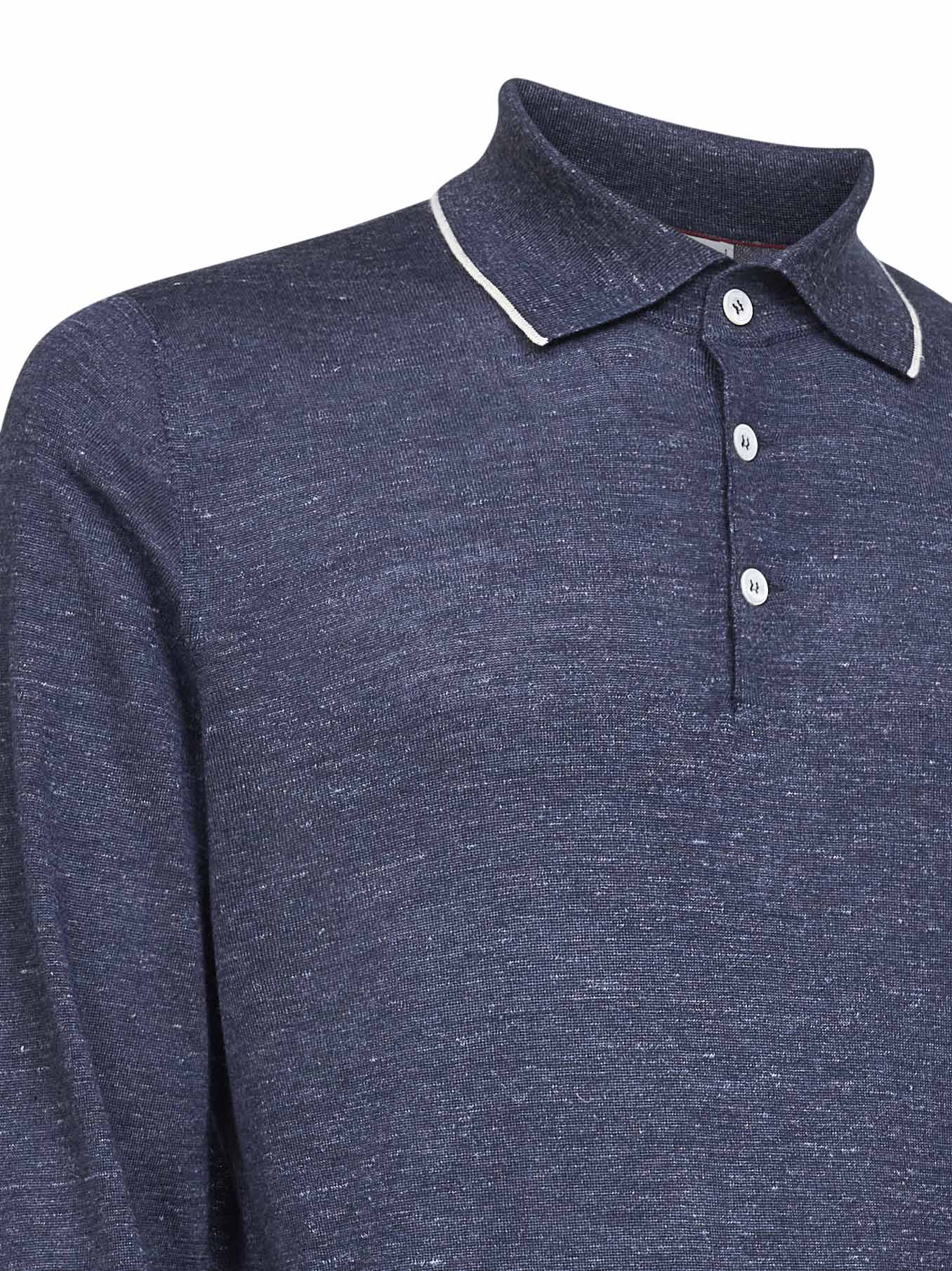 Brunello Cucinelli Men Avio Blue Cashmere And Silk And Hemp Knit Polo Shirt BRUNELLO CUCINELLI