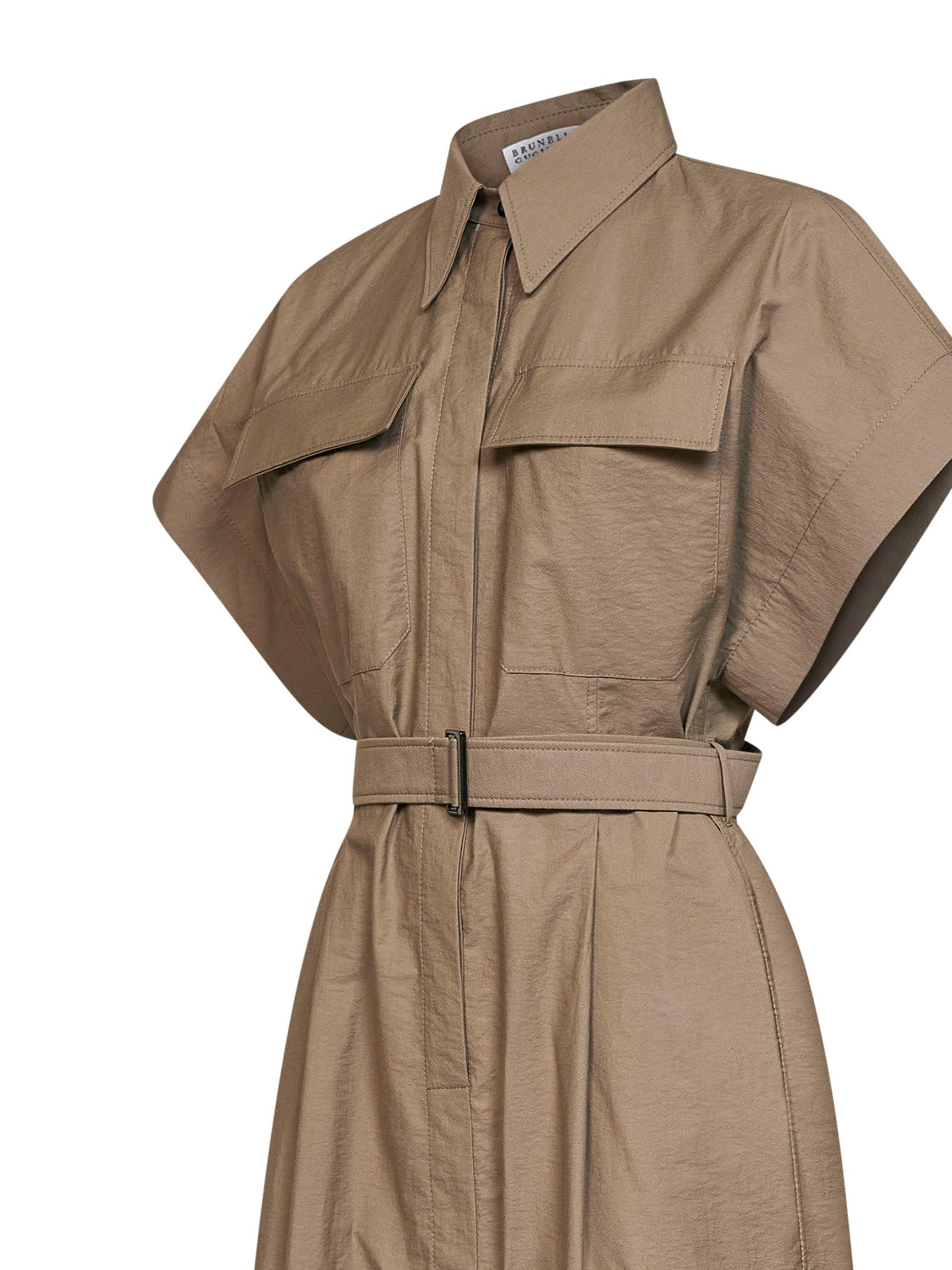 Brunello Cucinelli Women Earth Brown Texture Twill Belted Long Shirt Dress BRUNELLO CUCINELLI