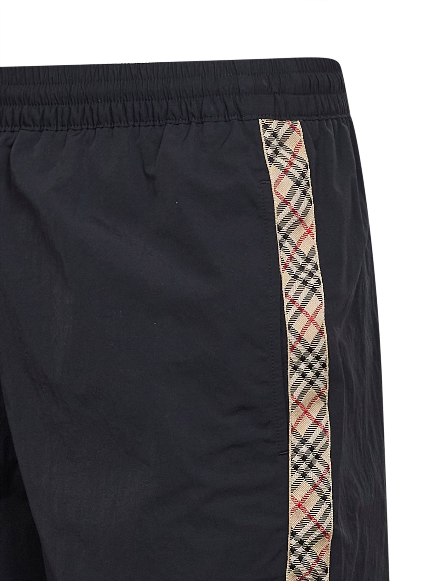 Burberry Men Black Nylon Swim Shorts With Check Trims BURBERRY