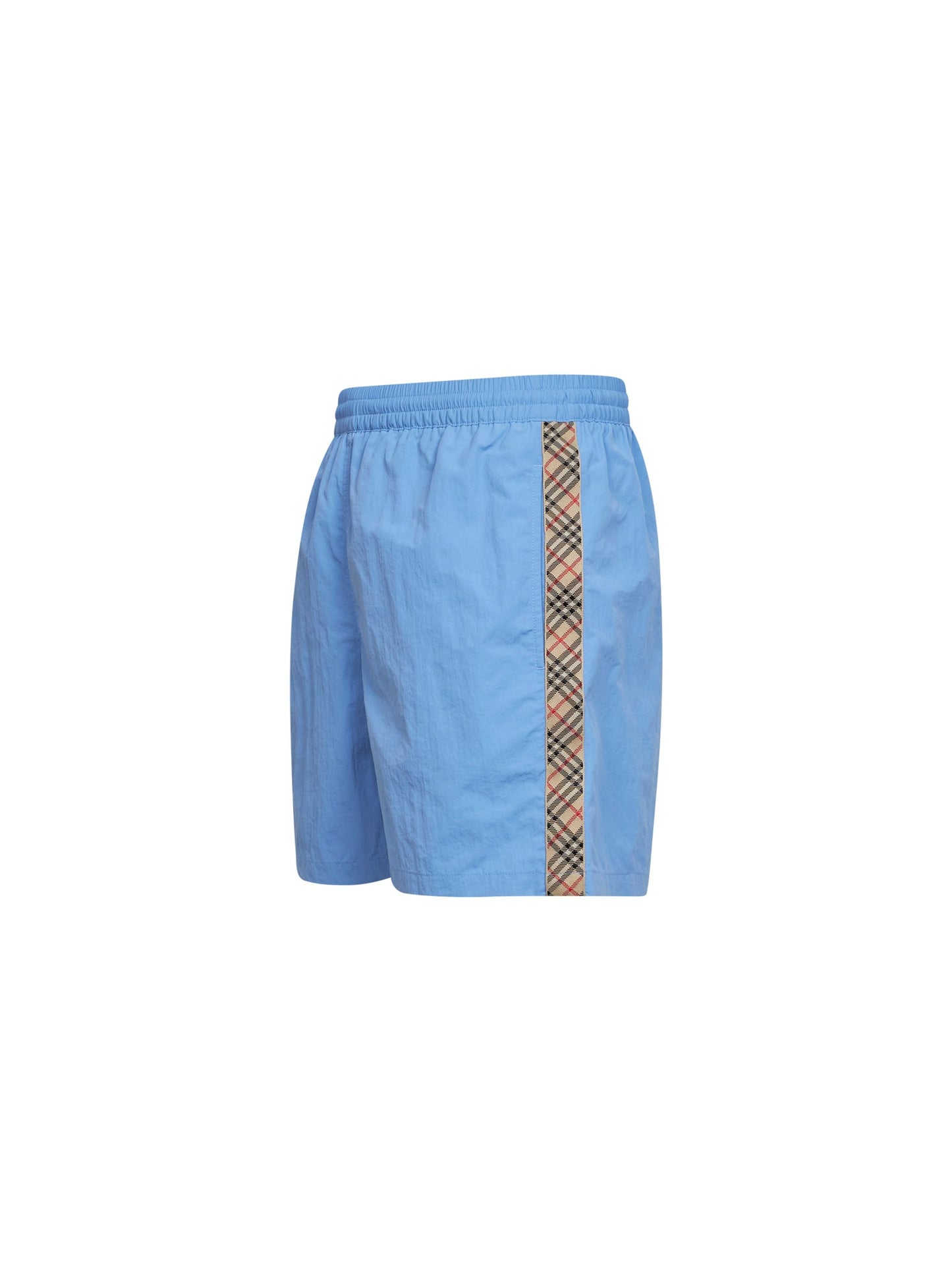 Burberry Men Cornflower Blue Nylon Swim Shorts With Check Trims BURBERRY
