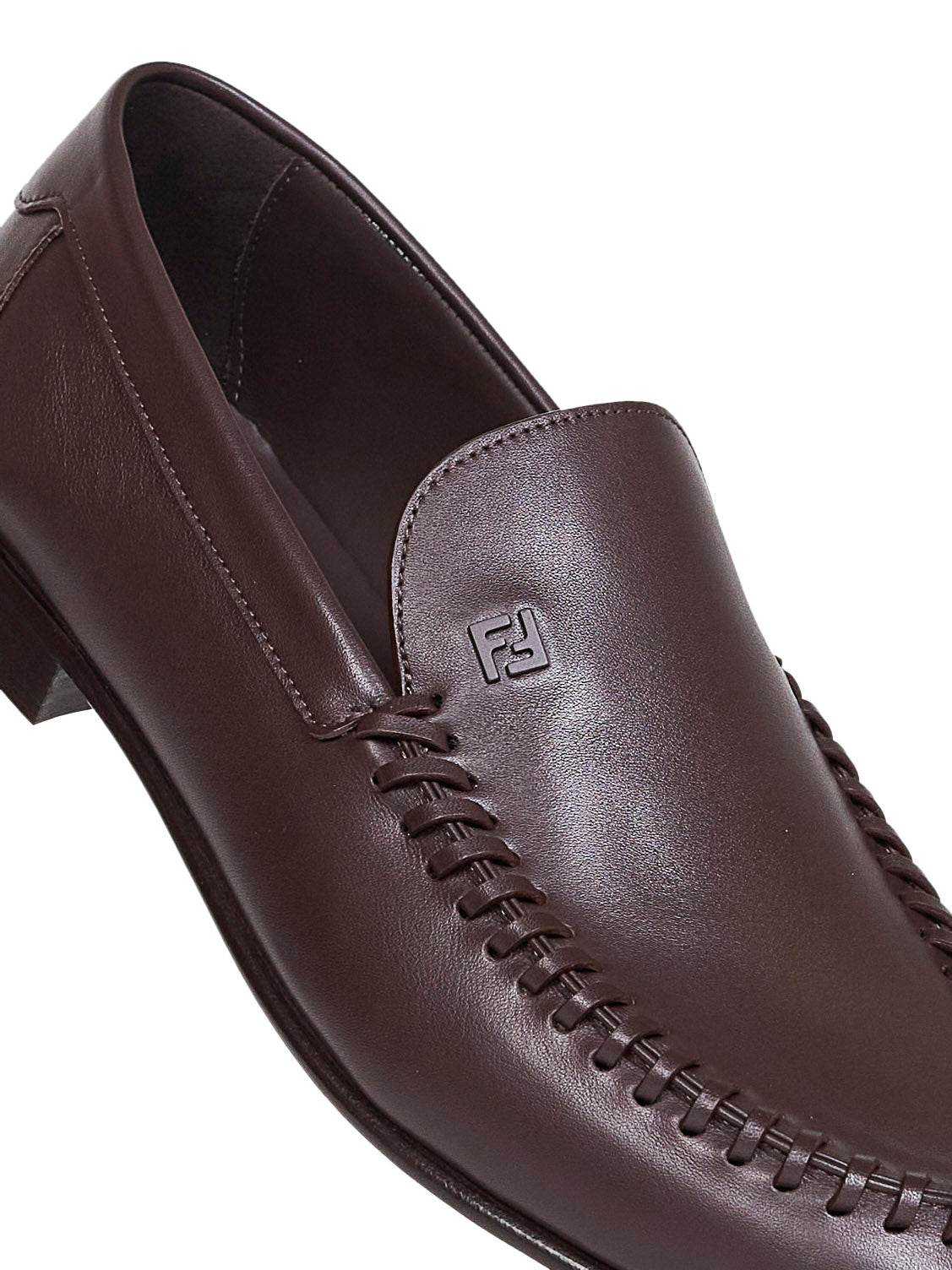 Fendi Men Dark Brown Leather Braided Loafers