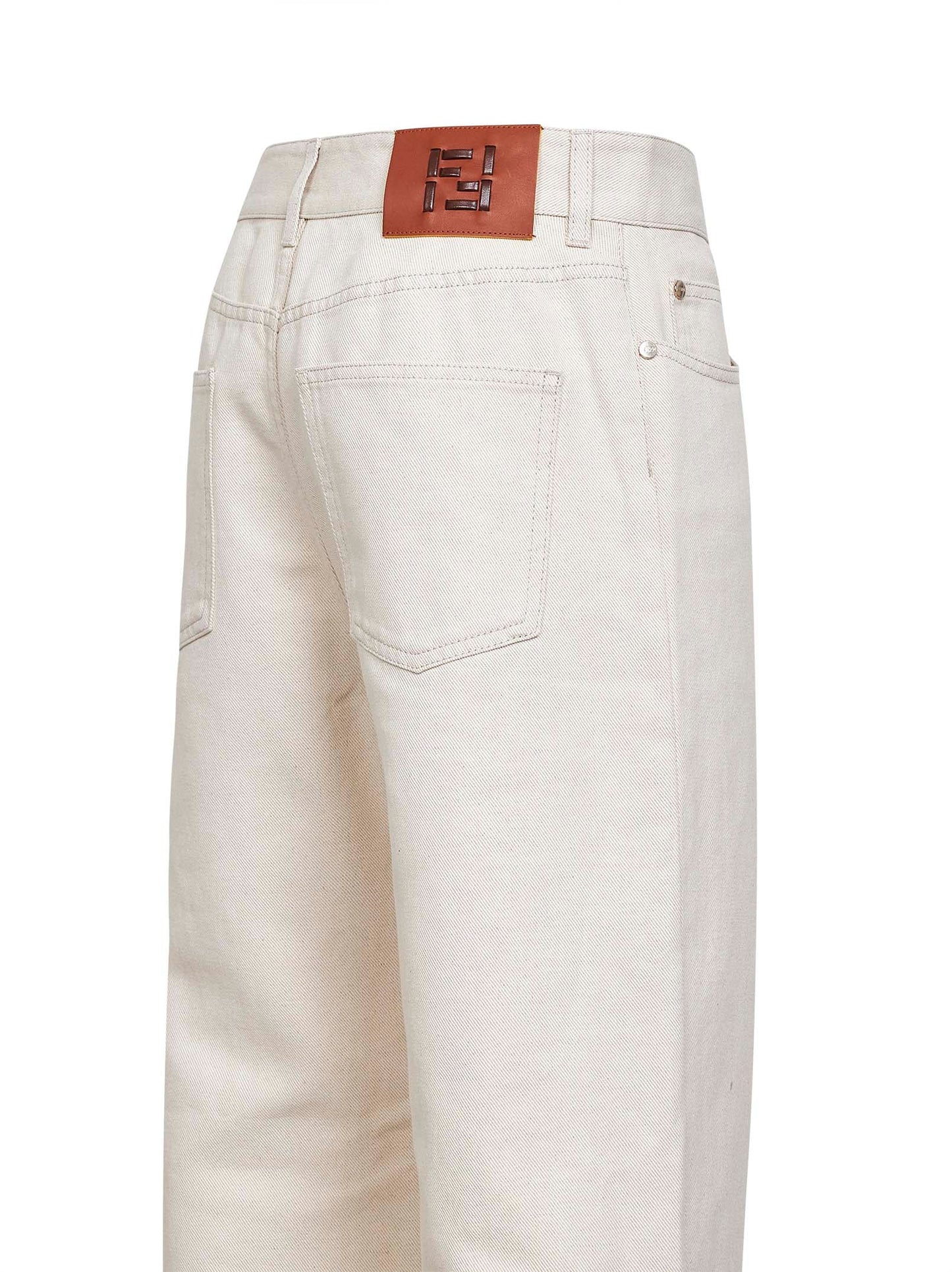 Fendi Women Beige Cotton Denim Straight Jeans With Ff Motif FENDI