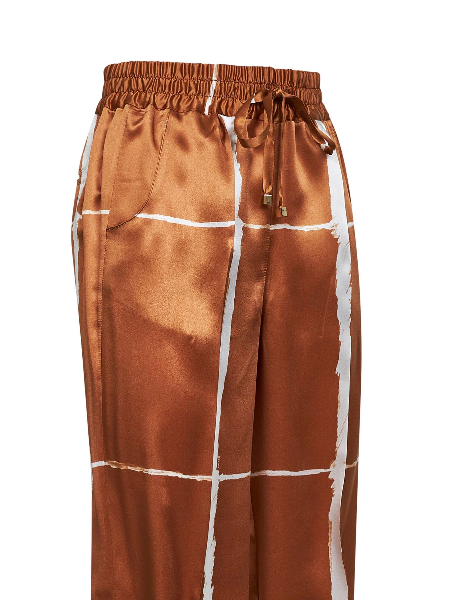 Kiton Women Tan And White Printed Silk Drawstring Trousers KITON
