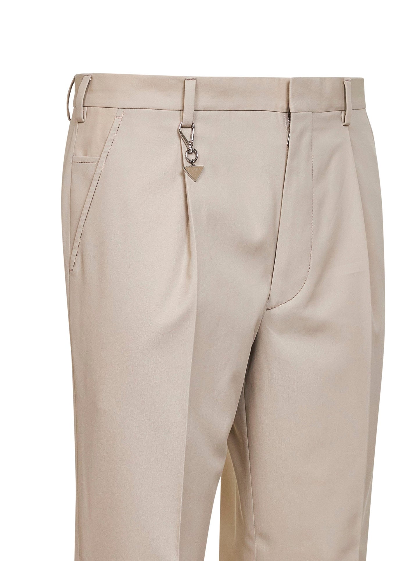Prada Abbigliamento Men Sand Cotton Trousers With Key Ring PRADA