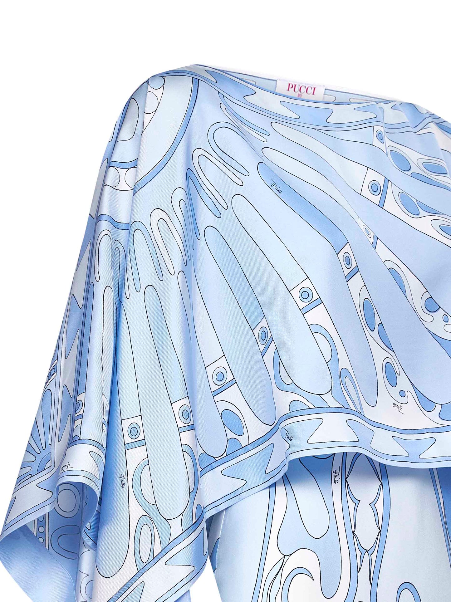 Pucci Women Pale Blue Orchidee-Print Silk Long Dress With Sole-Print Cape PUCCI