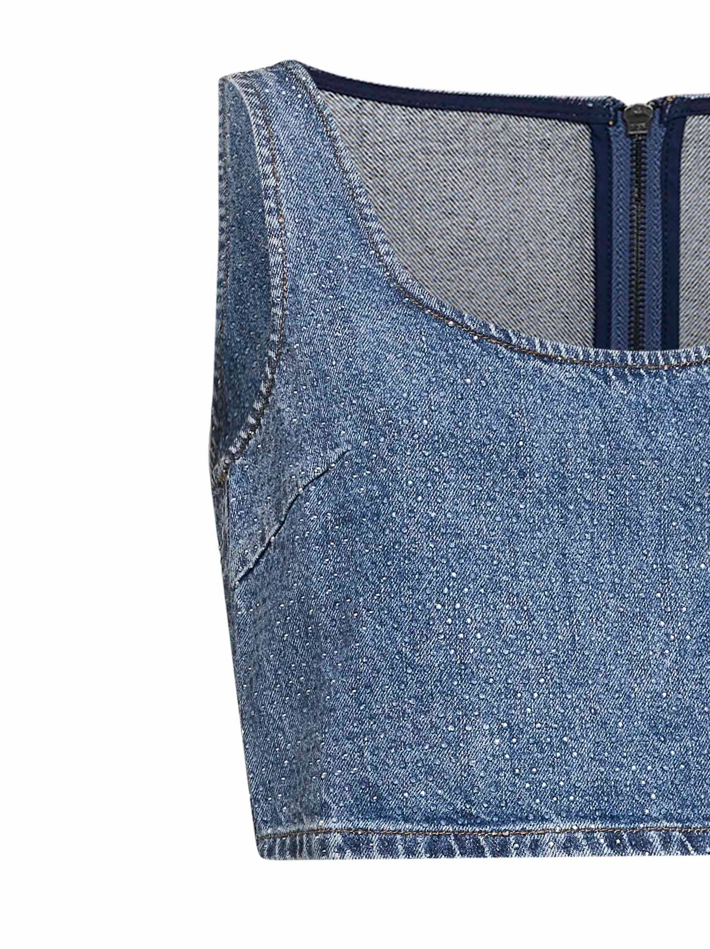 Self Portrait Women Blue Rhinestone Denim Crop Top SELF-PORTRAIT