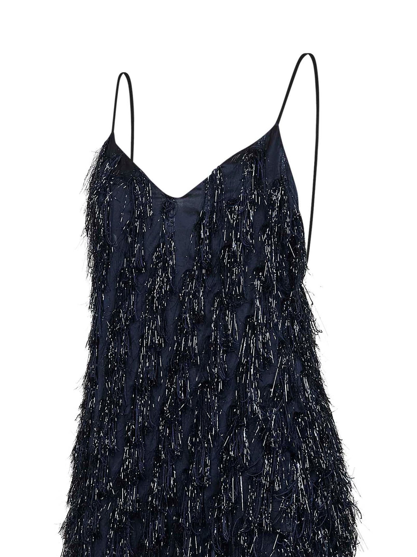 Stella Mccartney Women Navy Blue Viscose Blend Lurex Fringes-Embellished Long Dress STELLA MCCARTNEY