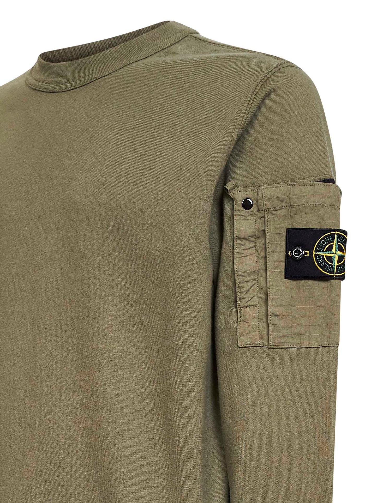 Stone Island Men Military Green Cotton Sweatshirt With Ripstop Cotton Pocket STONE ISLAND