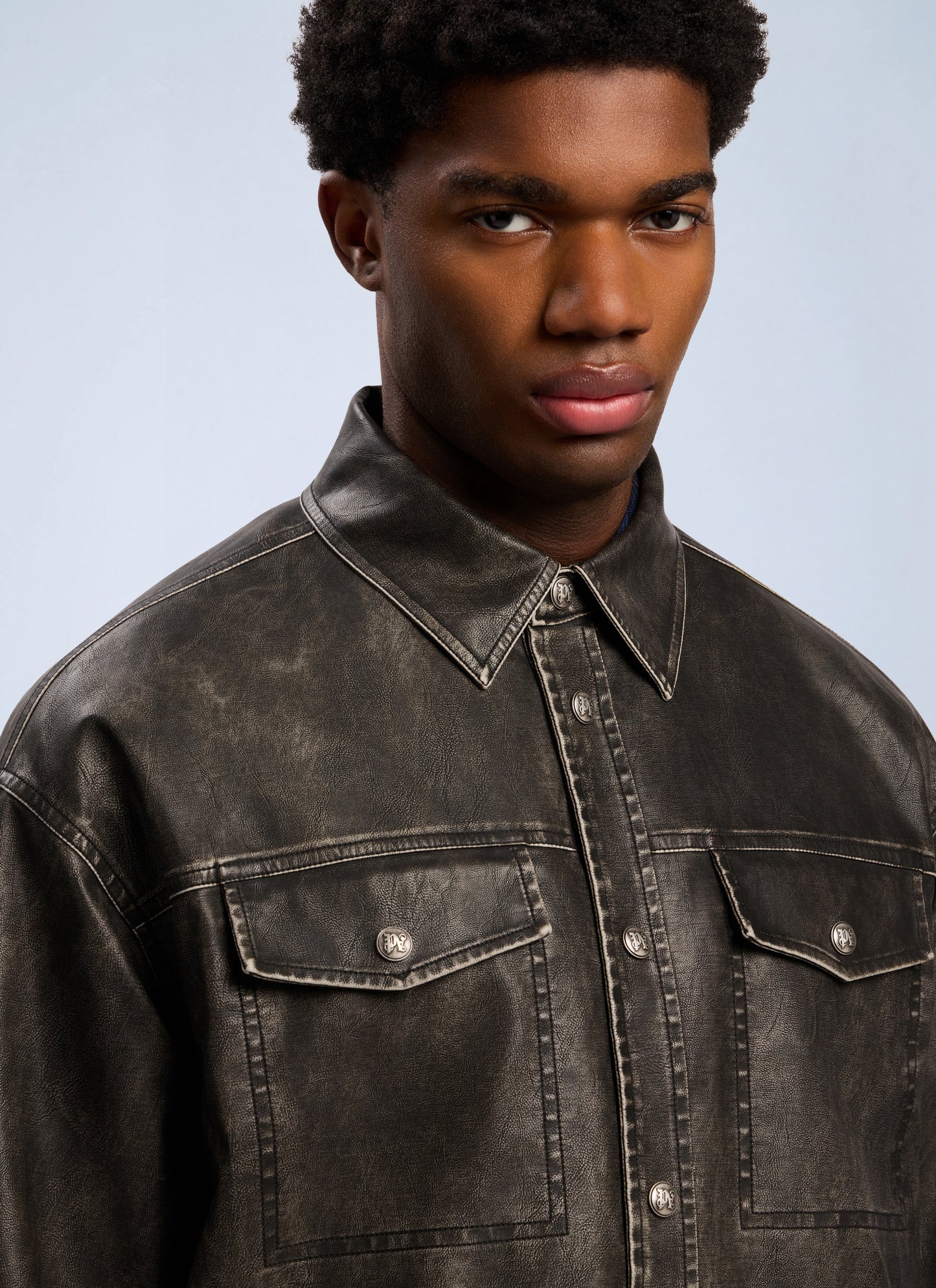 Palm Angels Men Curved Logo Coated Overshirt PALM ANGELS