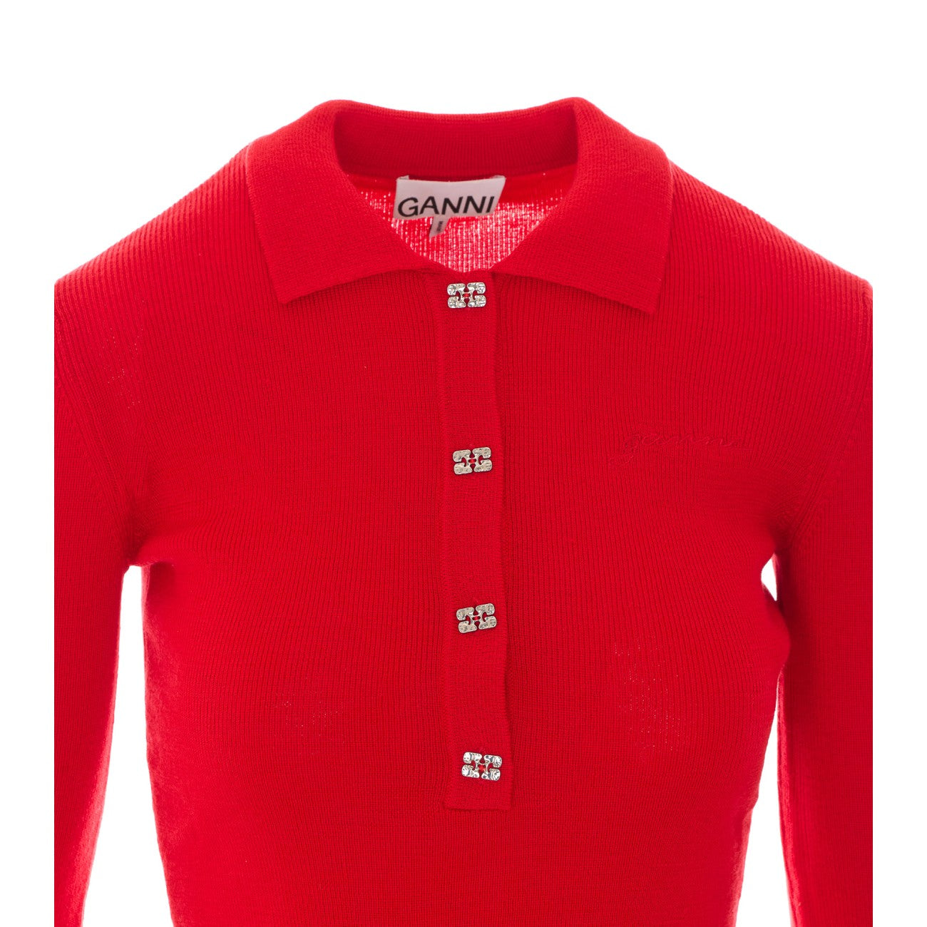 Ganni Women Polo Shirt In Red Merino With Logo Buttons GANNI