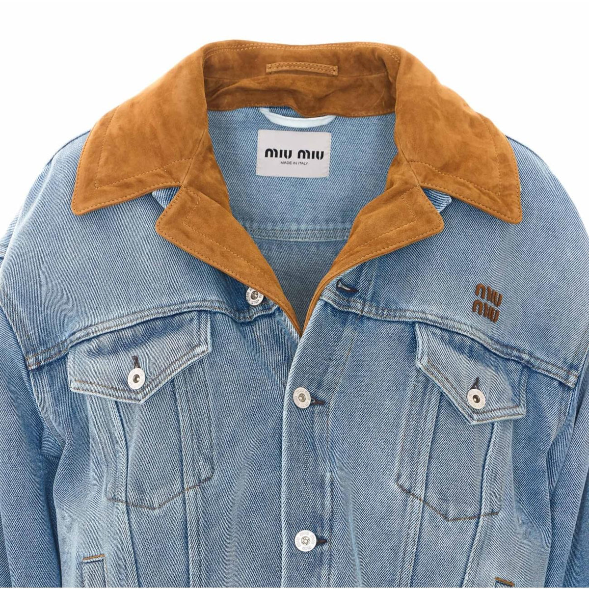 Miu Miu Women Washed Denim And Suede Logo Denim Jacket MIU MIU