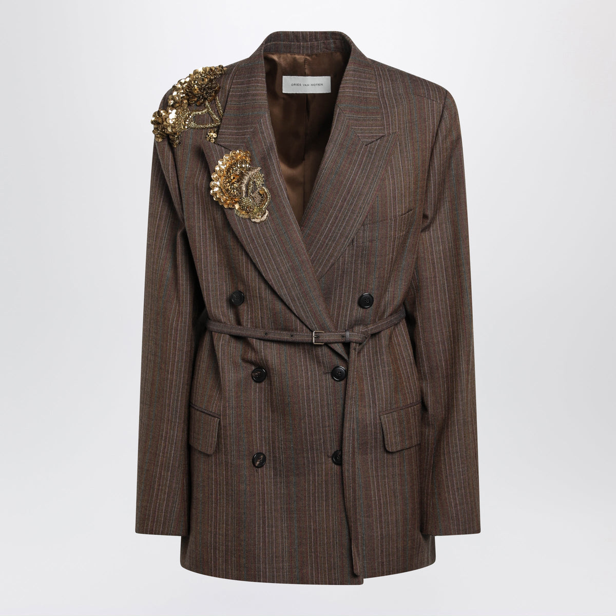 Dries Van Noten Brown Pinstripe Jacket With Sequin Embroidery Women DRIES VAN NOTEN