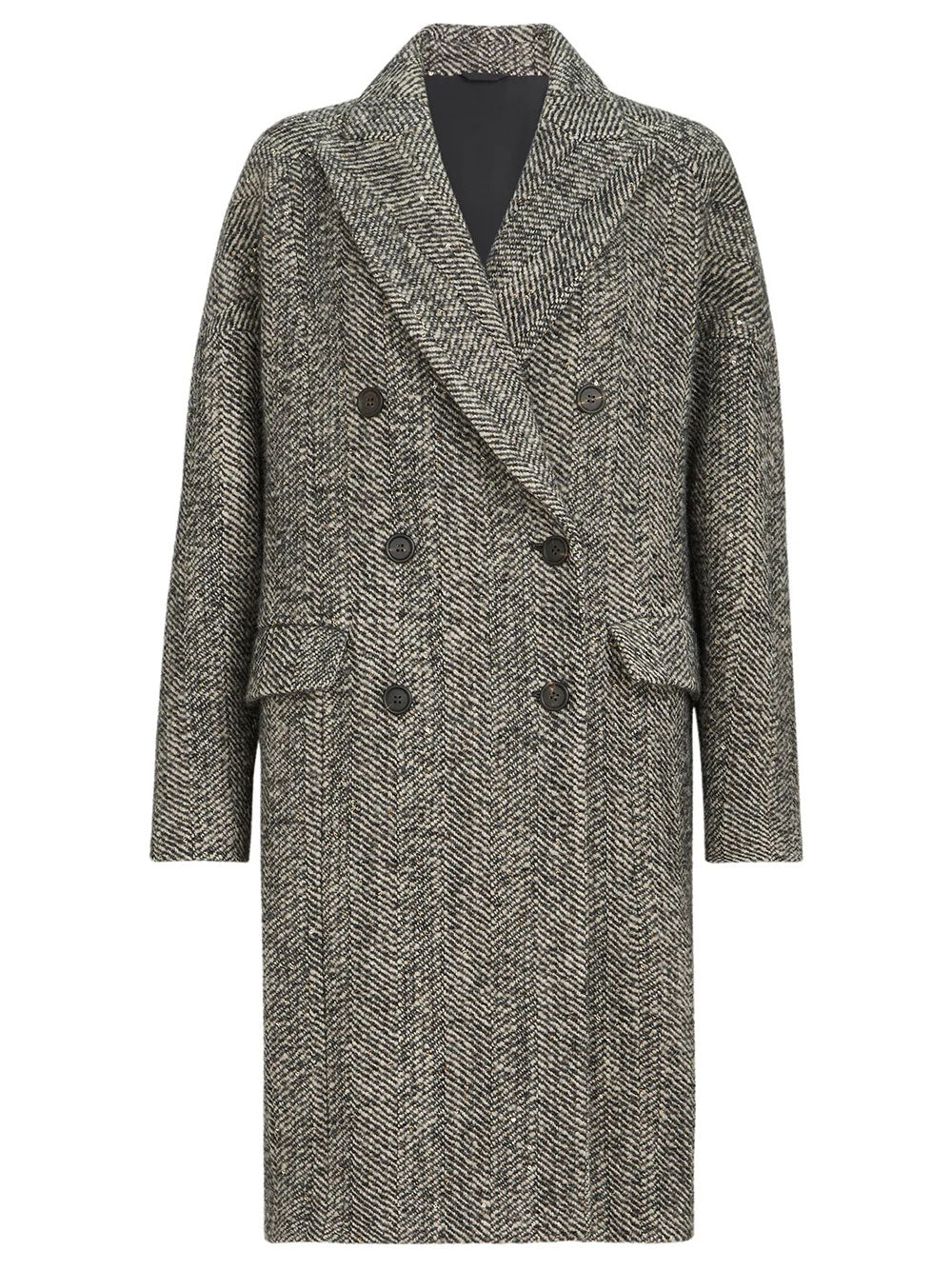 Brunello Cucinelli Women Cappotto In Chevron Dazzling Di Lana Vergine E Alpaca Con Monile BRUNELLO CUCINELLI