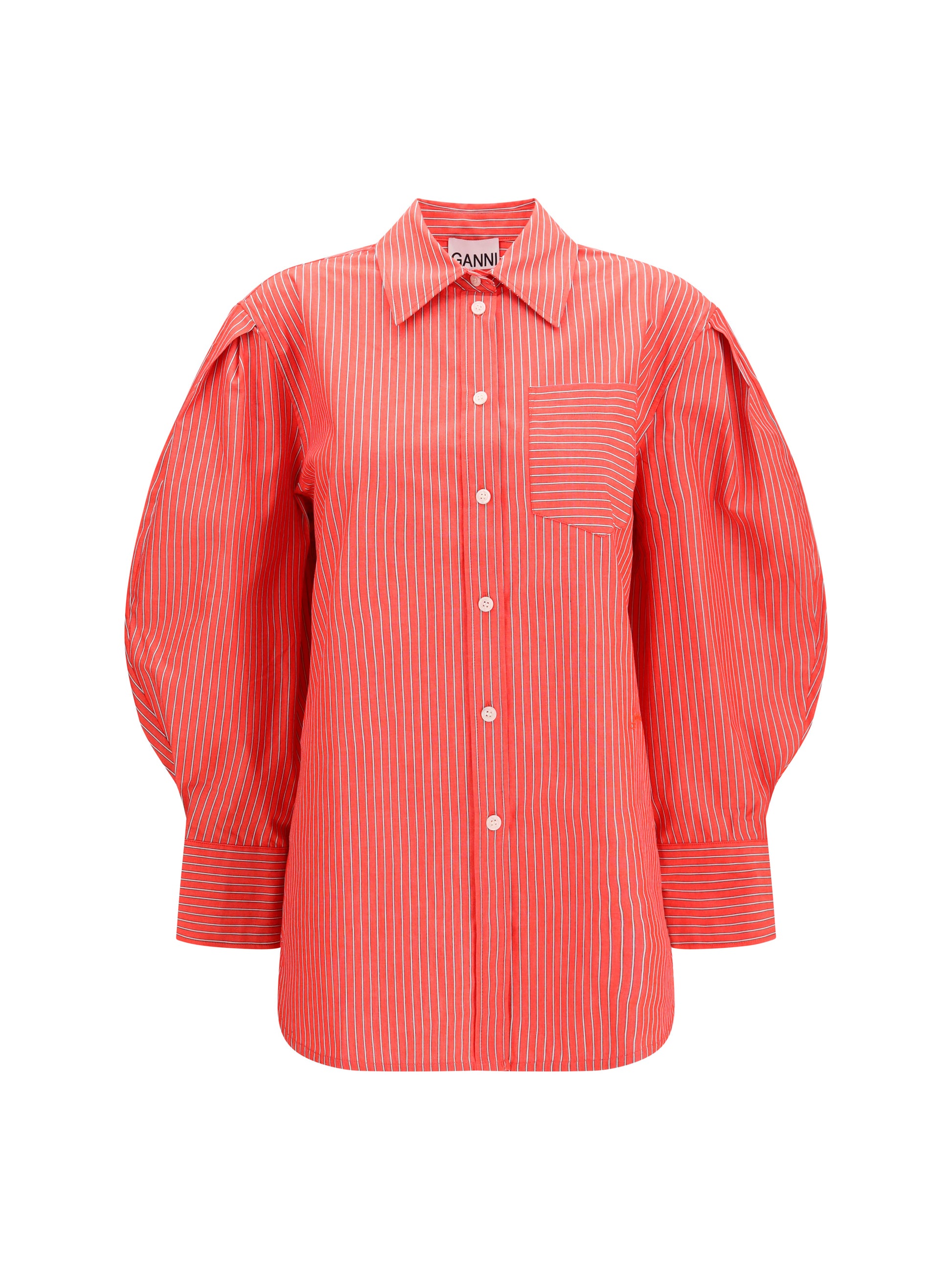 Ganni Women Striped Cotton Shirt With Balloon Sleeves GANNI