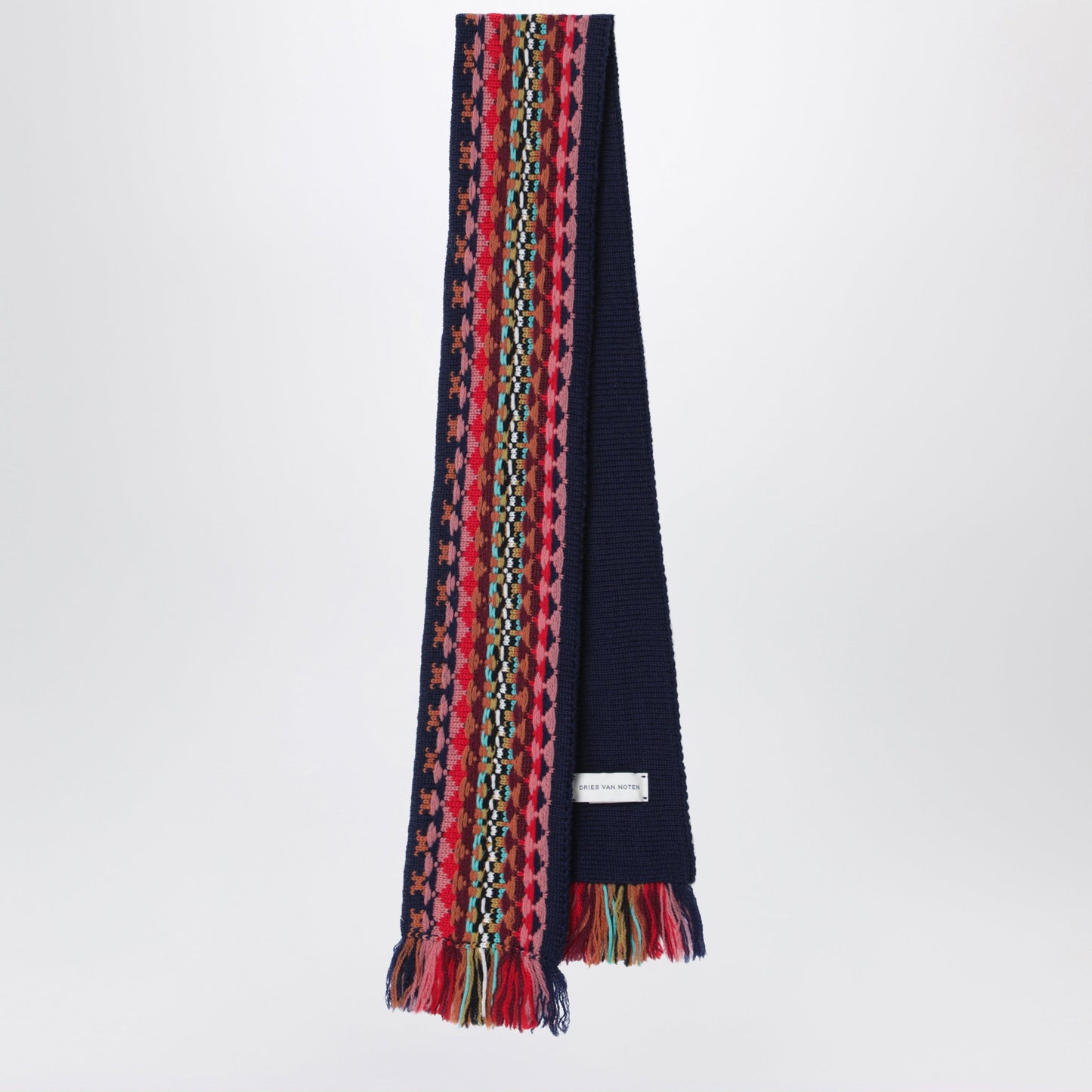 Dries Van Noten Navy Blue Wool Scarf With Multicolour Jacquard Pattern Women DRIES VAN NOTEN
